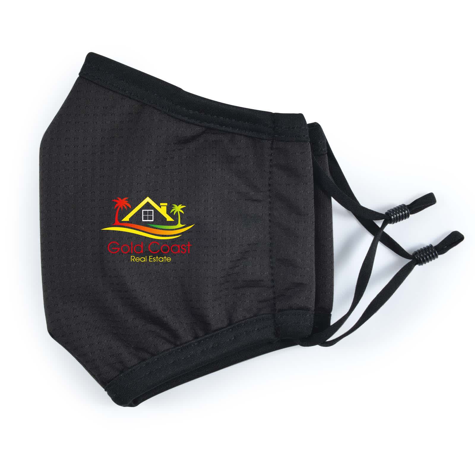 A black cooling face mask with adjustable ear straps and a logo featuring a house and palm trees.
