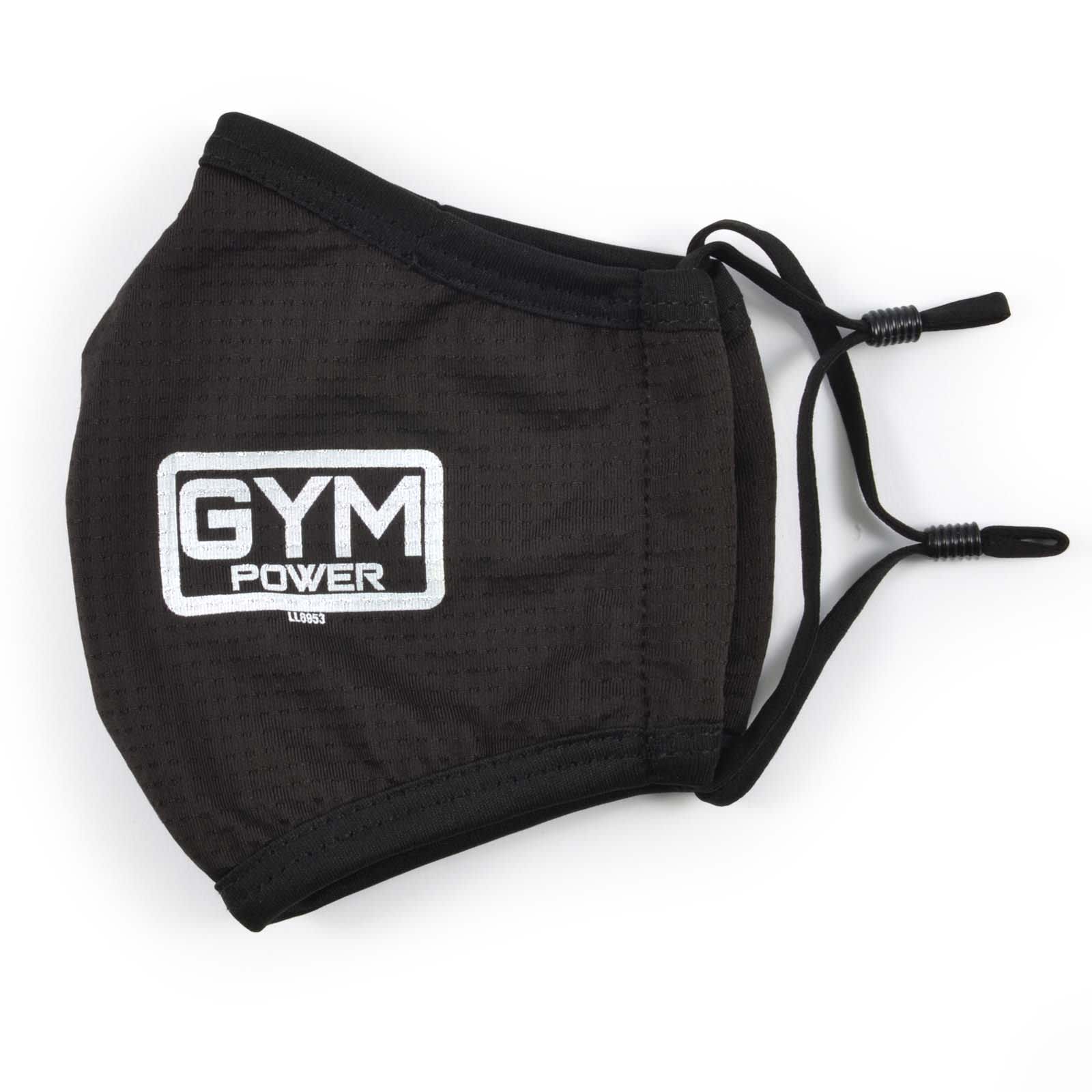 A black face mask with an adjustable design and a logo on the front.