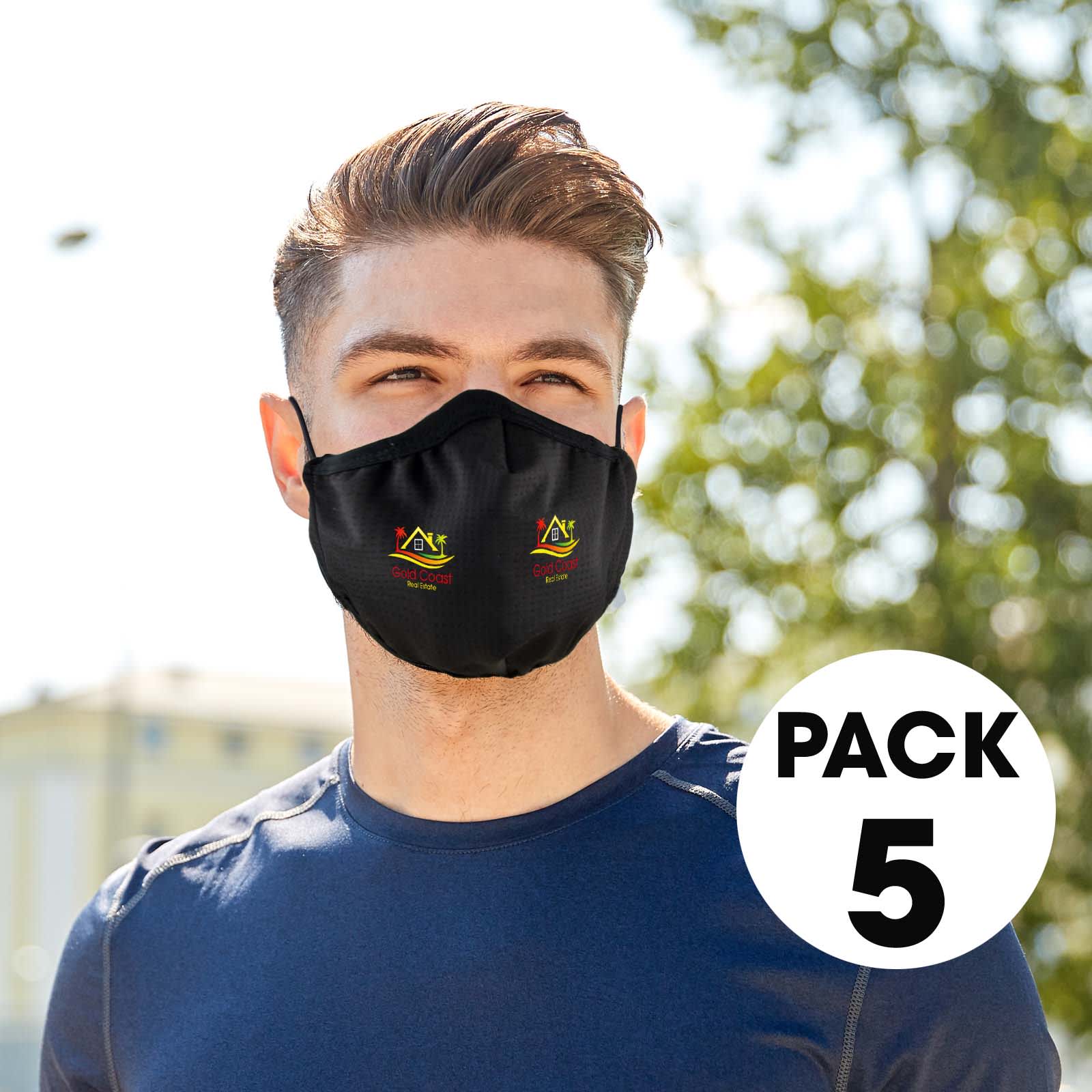 A set of five cooling face masks displayed on a model. Each mask features a black design with colorful logos.
