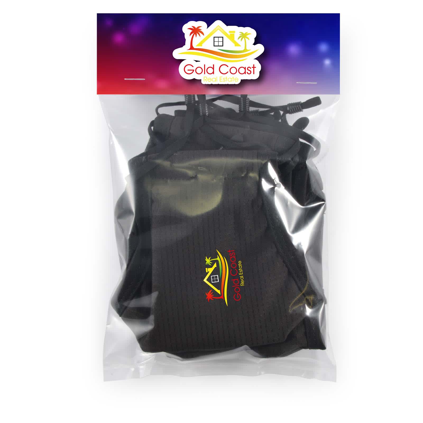 A pack of five black cooling face masks in a clear plastic bag with a colorful header and a logo.