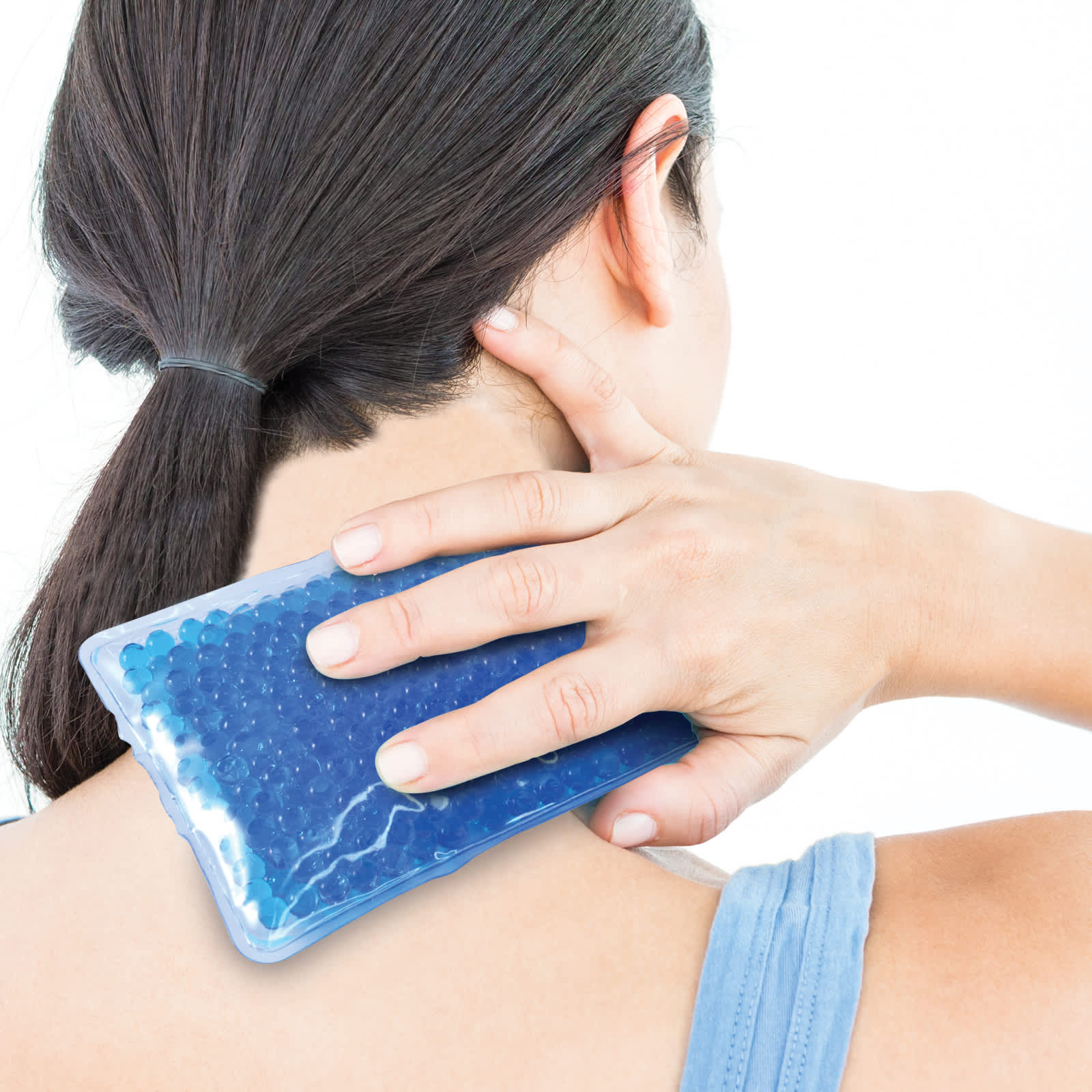A Yoga Gel Bead Hot & Cold Pack is being applied to the neck area.