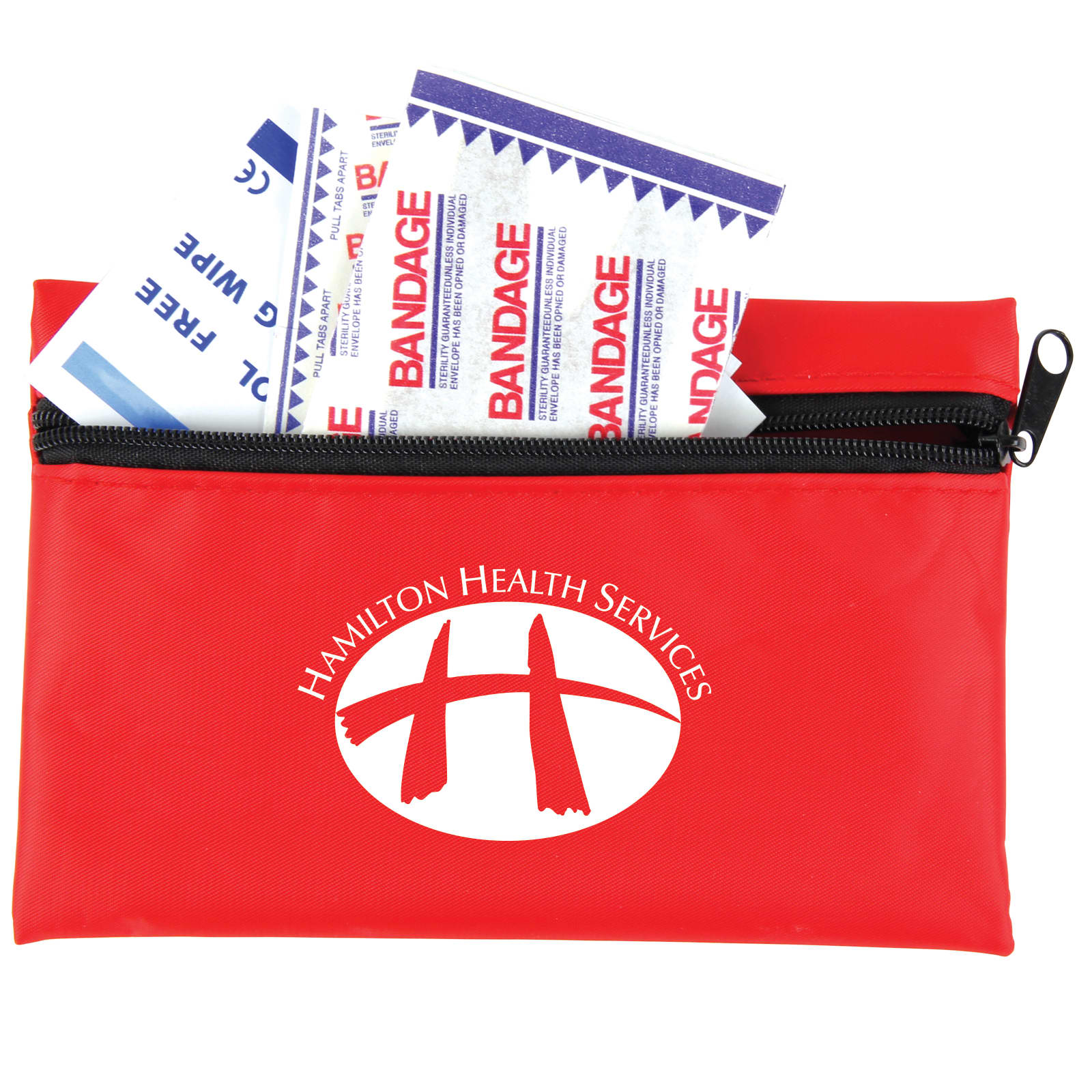 A red first aid kit containing bandages, with a zipper closure and a logo on the front.