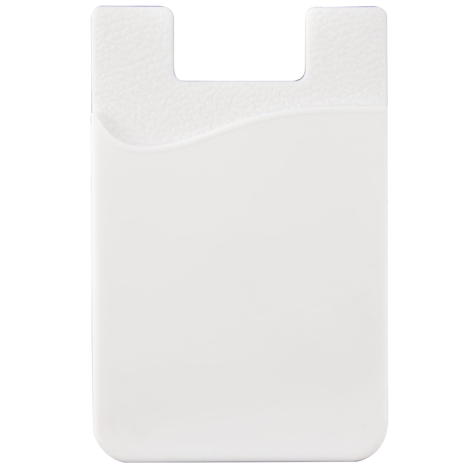 A white phone wallet with a textured finish and a curved pocket design, featuring a small logo.