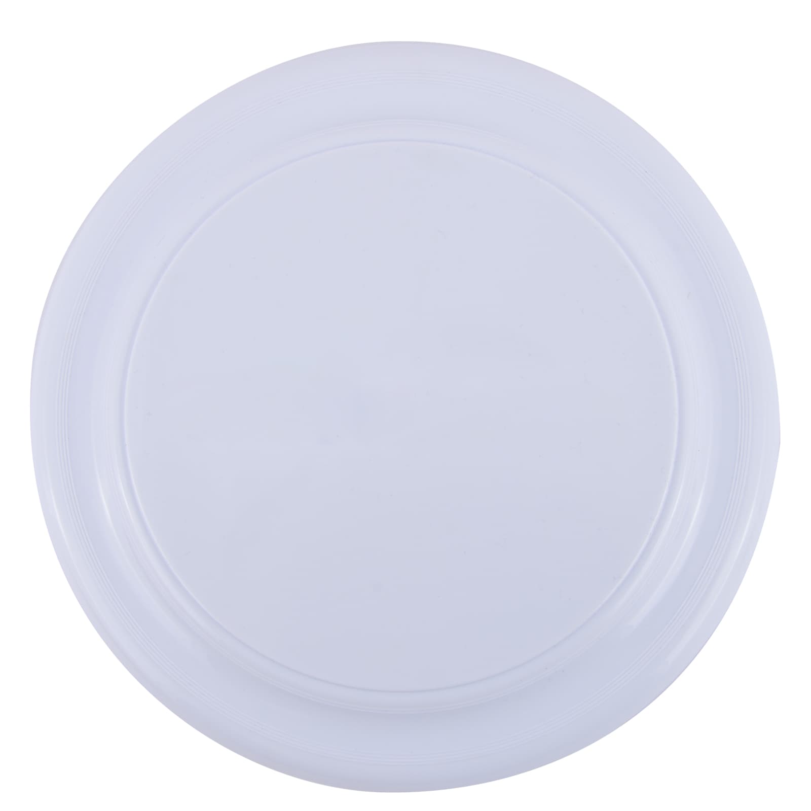 A white plastic plate with a smooth surface and subtle rim detail.