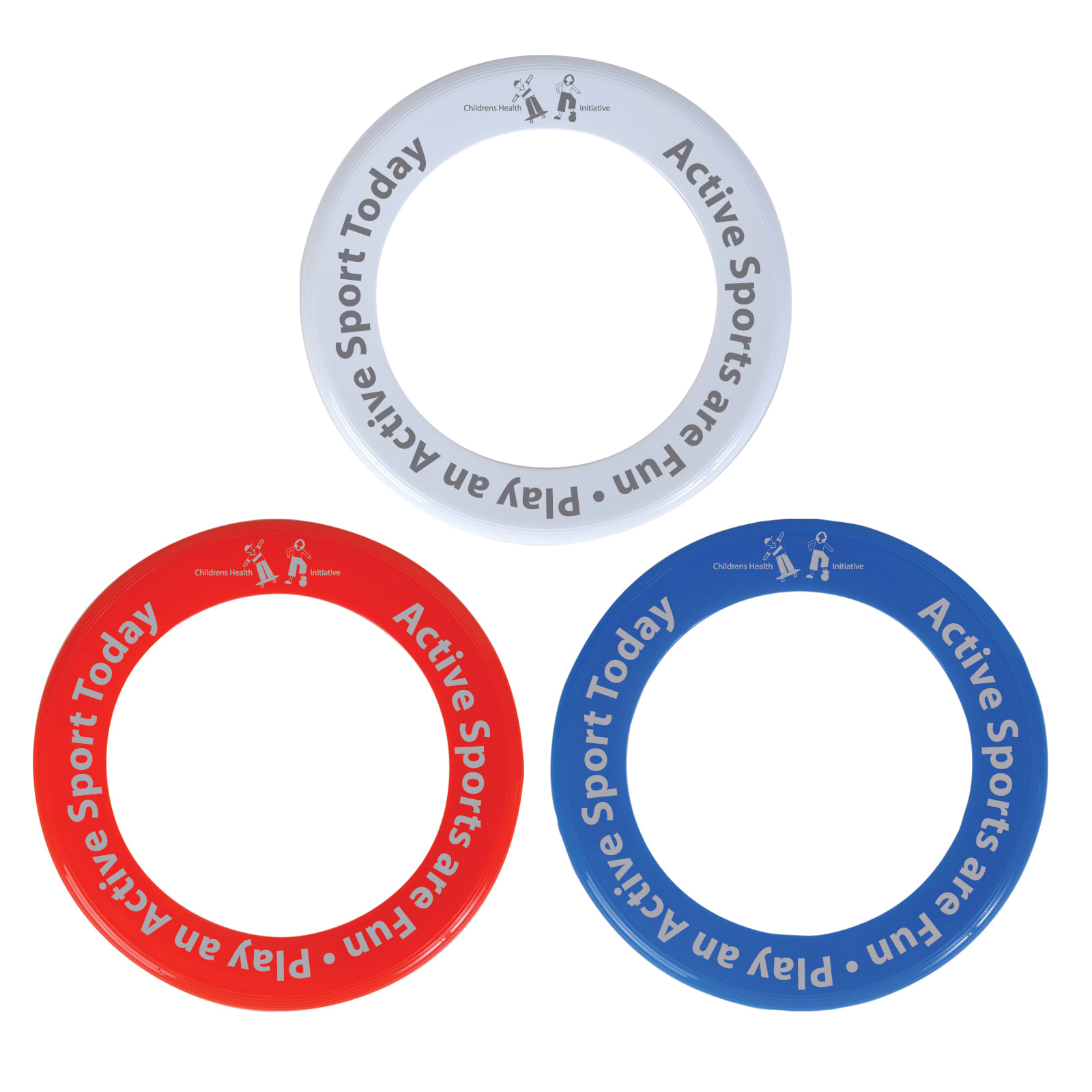 Three colorful donut-shaped flyers in red, blue, and white, each featuring the text 