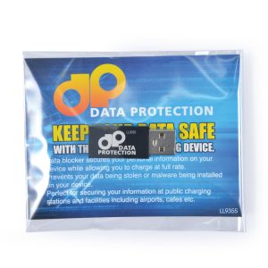 A data blocker device in a clear package with a logo, designed to protect against data theft. Dominant colors are black and blue.