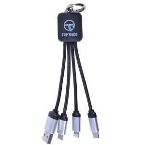 A charging cable set in black, featuring multiple connectors and a keyring, packaged in a transparent case.