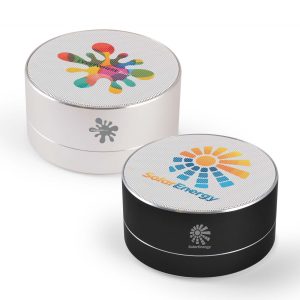 A pair of Tango Bluetooth Speakers in white and black, featuring colorful, branded graphics on their surfaces.