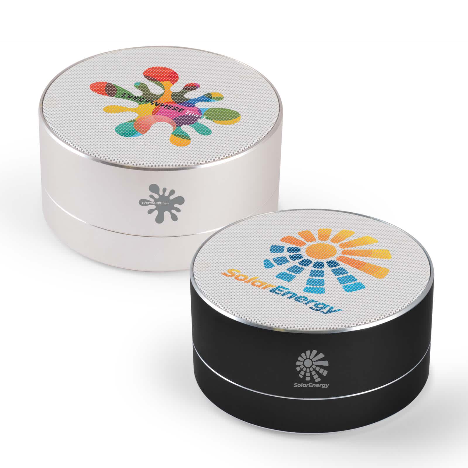 A pair of Tango Bluetooth Speakers in white and black, featuring colorful, branded graphics on their surfaces.