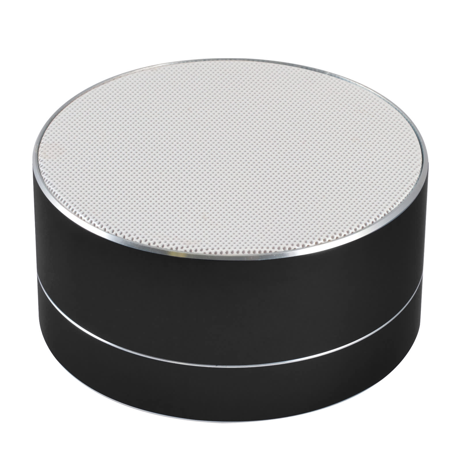 A round black Bluetooth speaker with a perforated silver top, designed for portability and stylish audio delivery.