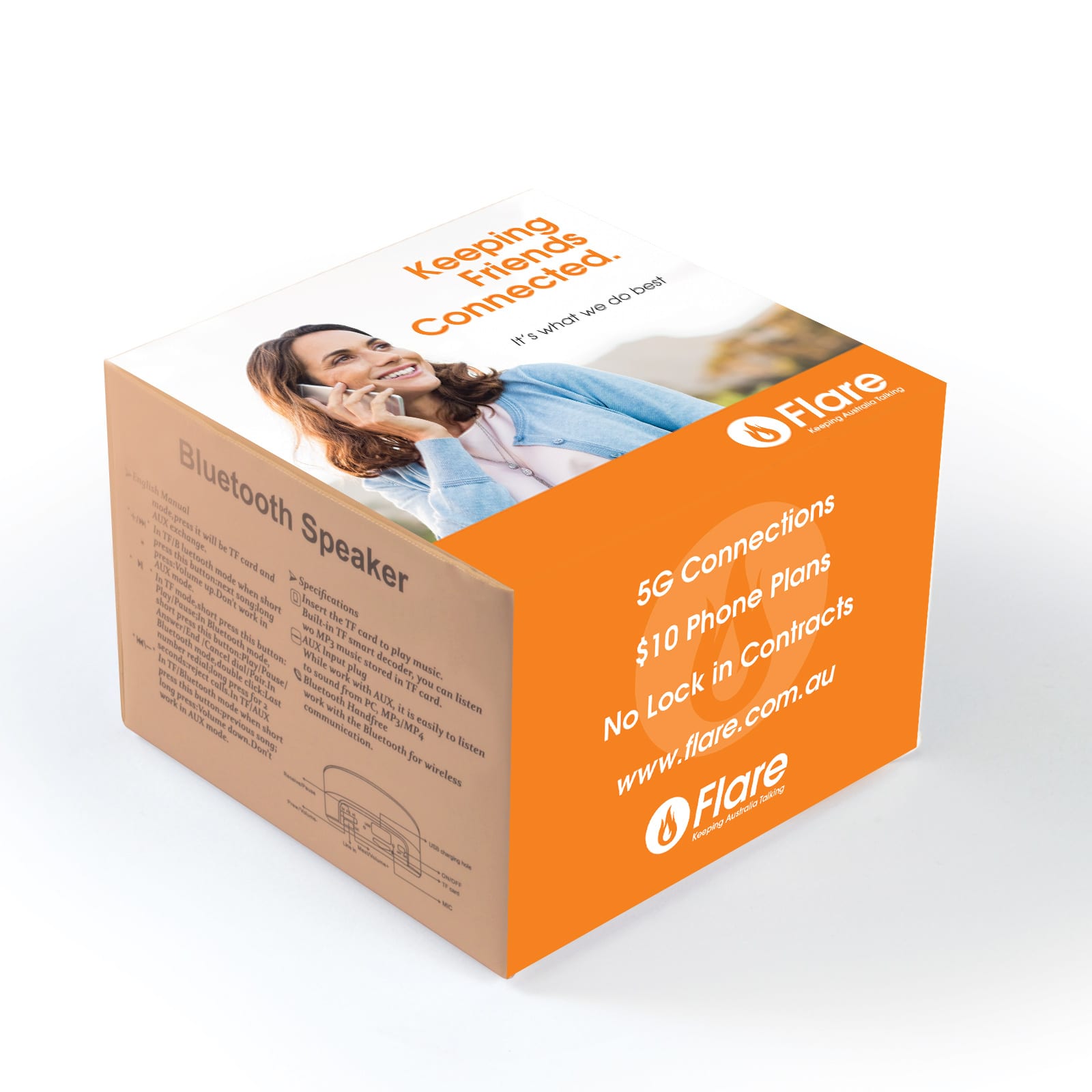 An orange box containing a Bluetooth speaker, featuring a logo and promotional text on the side.