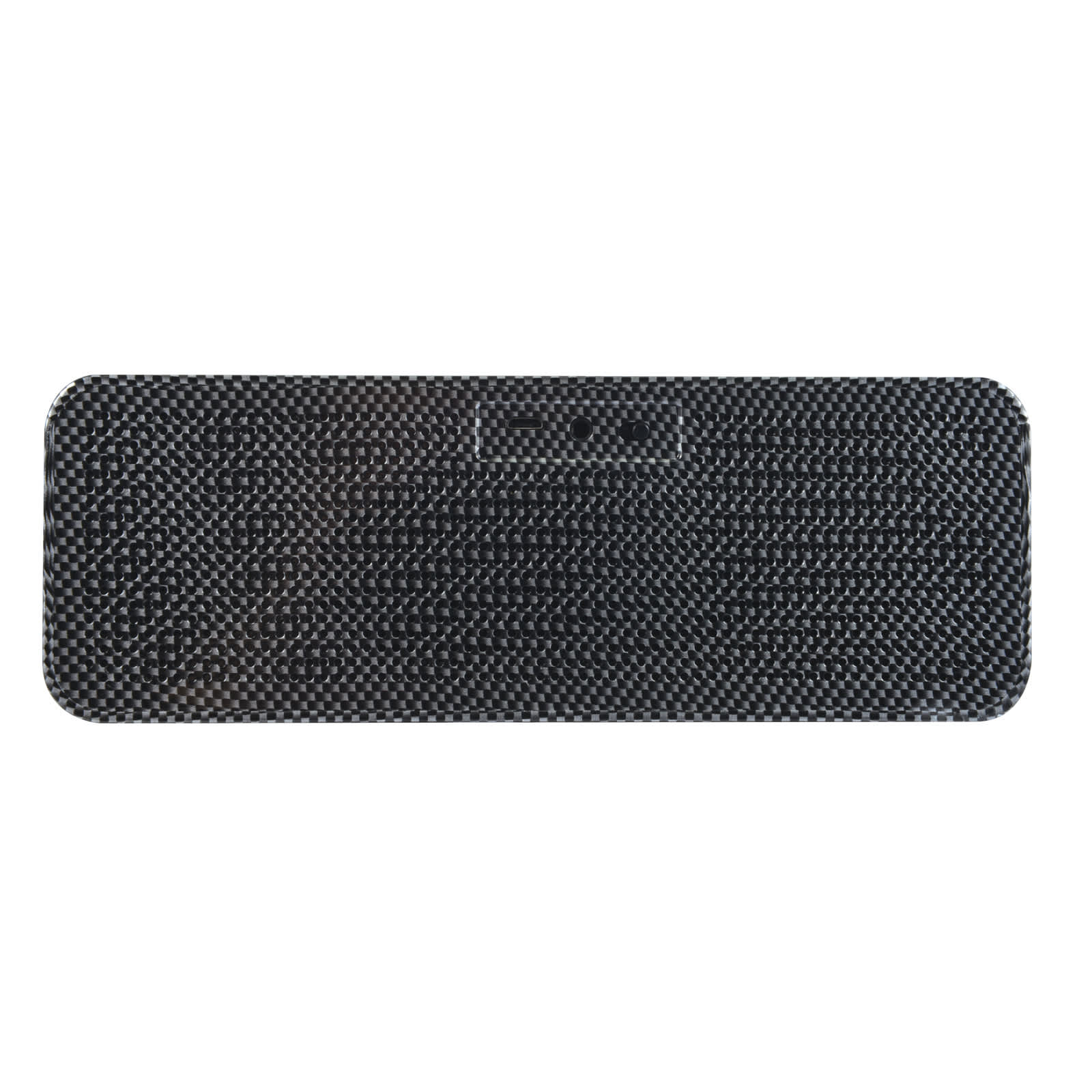 A black speaker and inductive charger with a textured surface, featuring a logo and multiple ports.
