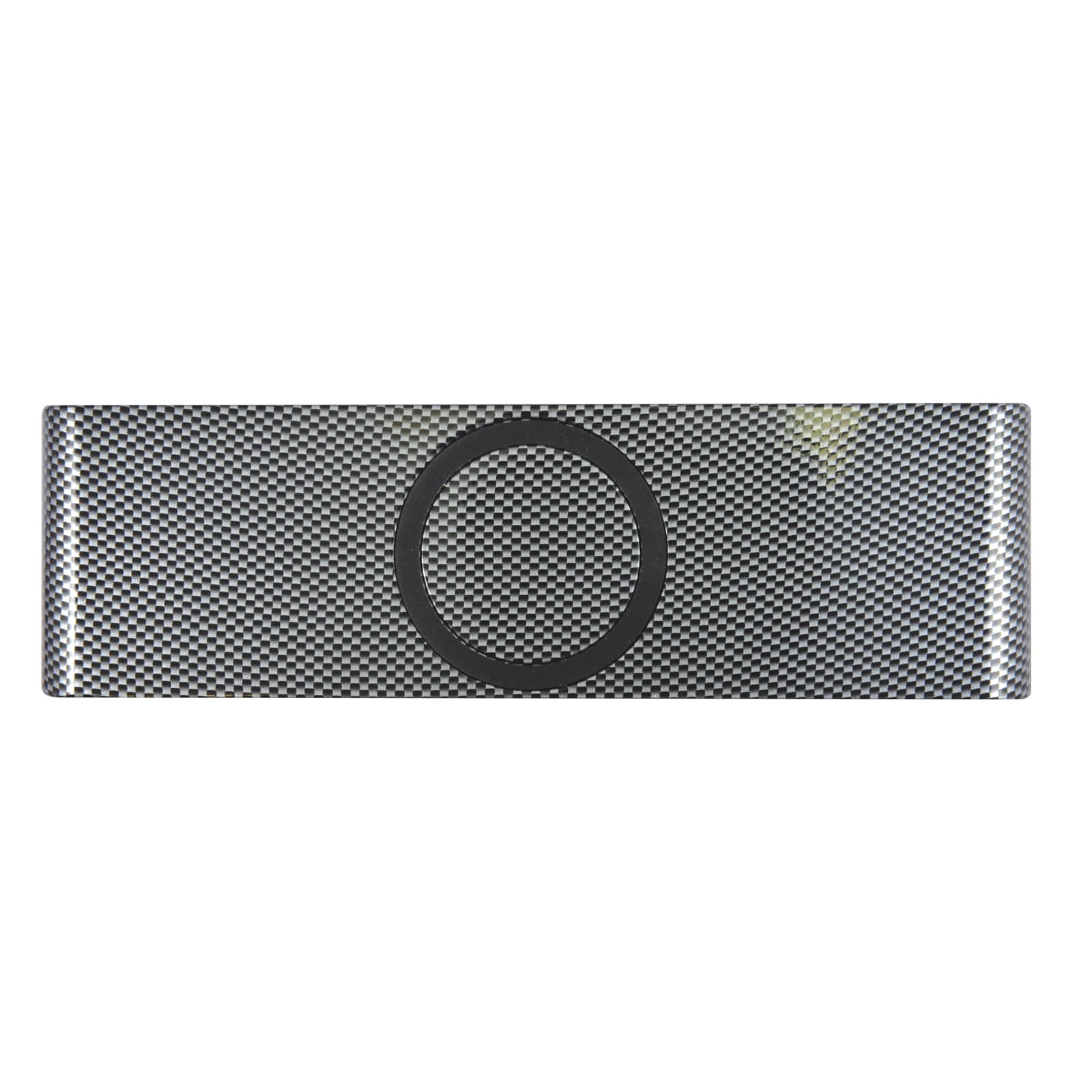 A sleek grey speaker with a textured surface, featuring a circular area for inductive charging.