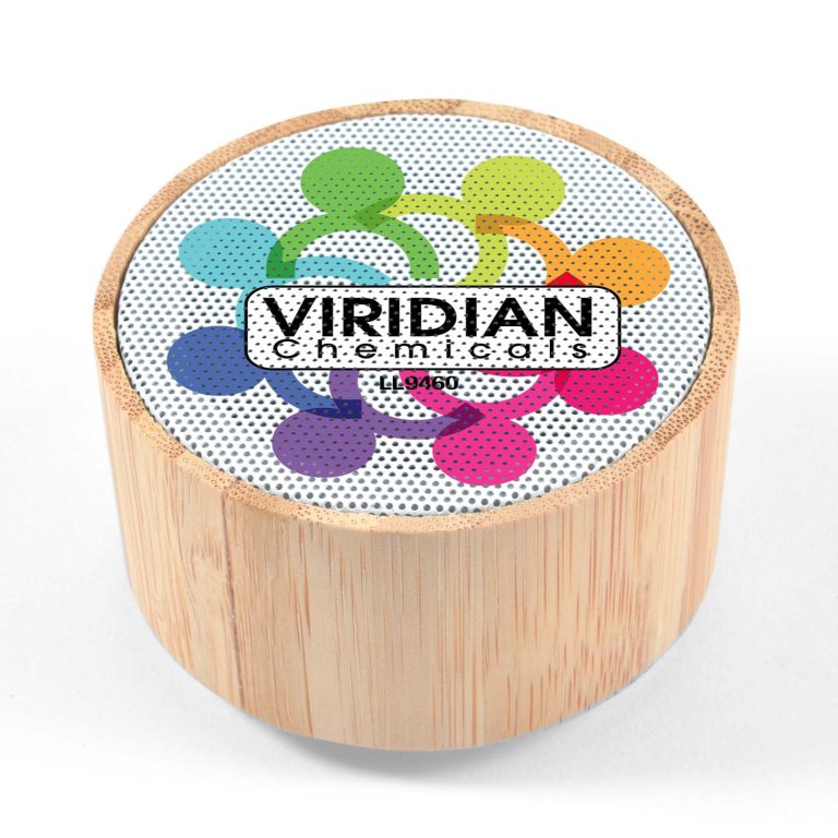 A round bamboo Bluetooth speaker featuring a colorful circular design and a logo on the top surface.