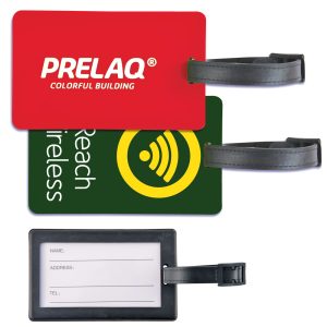 A set of colorful luggage tags in red and green, featuring a logo and customizable information fields.