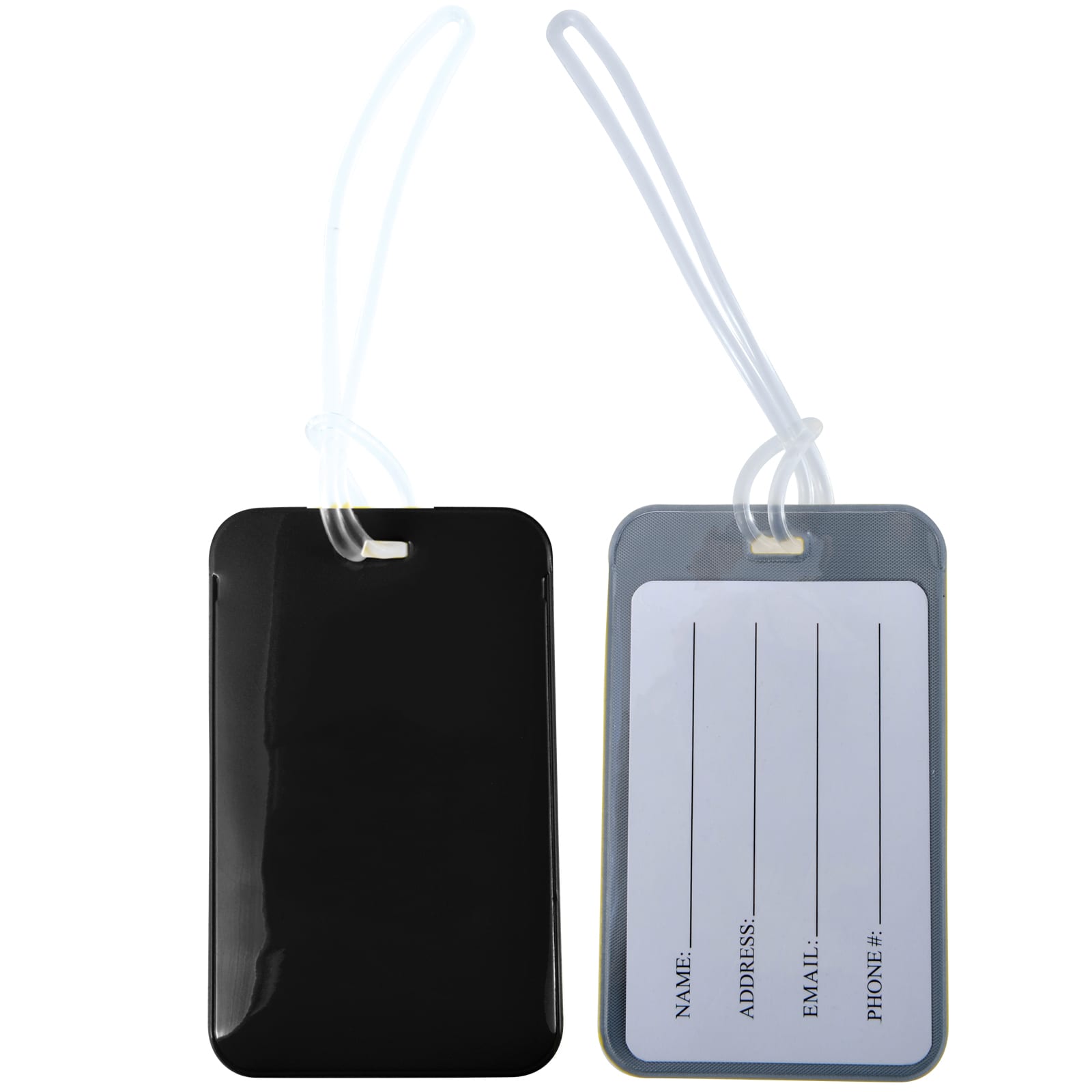A black Firenze luggage tag with a transparent loop, featuring a blank information area on one side.
