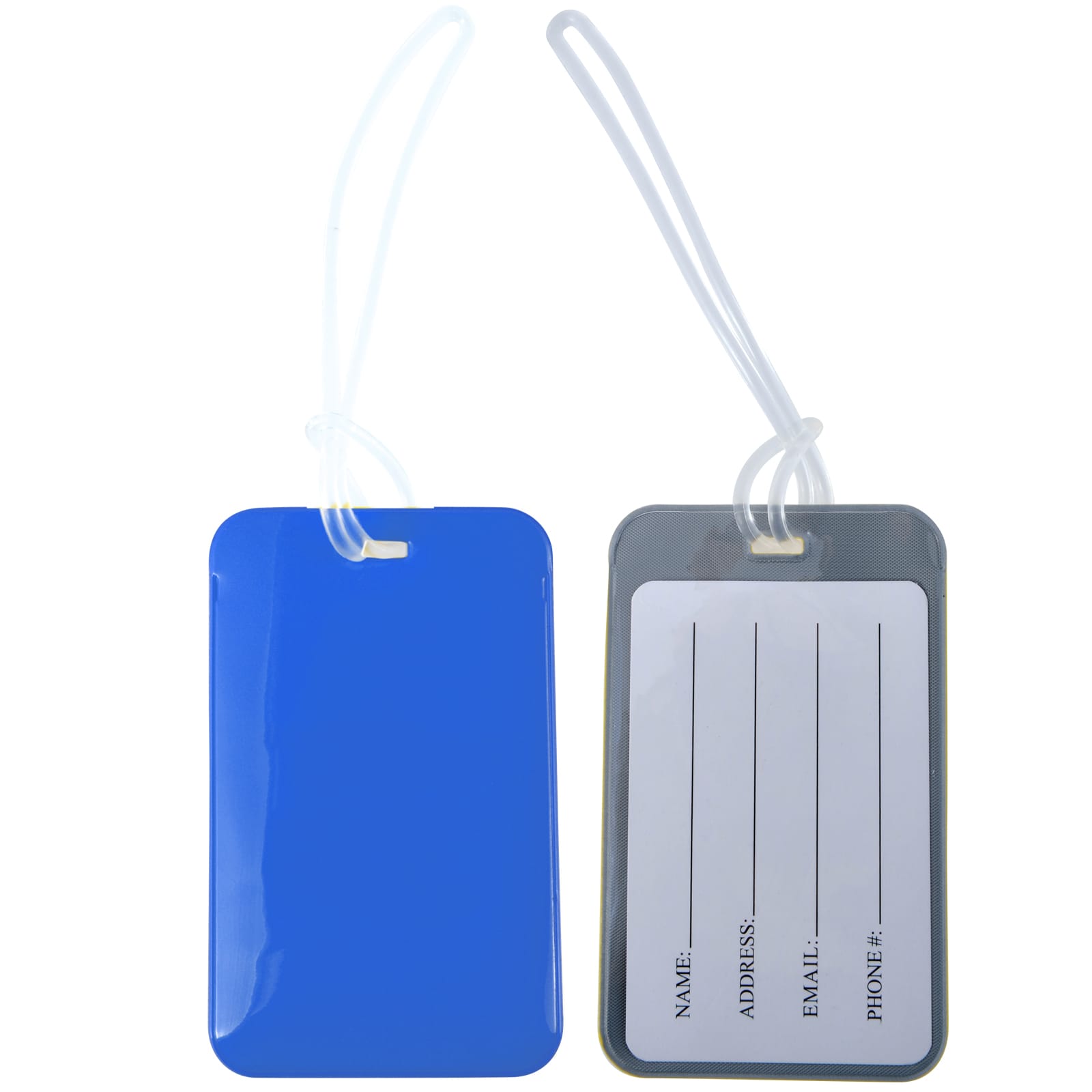 A blue luggage tag with a transparent back for contact details, featuring a logo on one side.