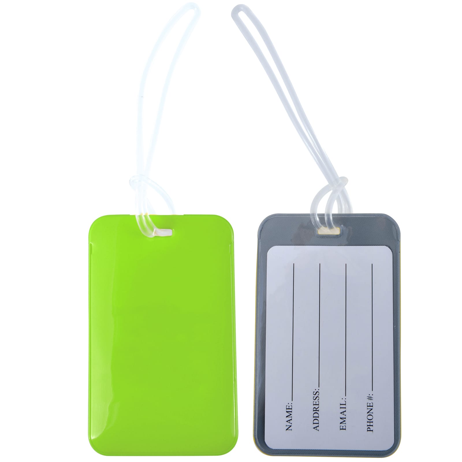 A green luggage tag with a transparent back displaying spaces for name, address, email, and phone number.
