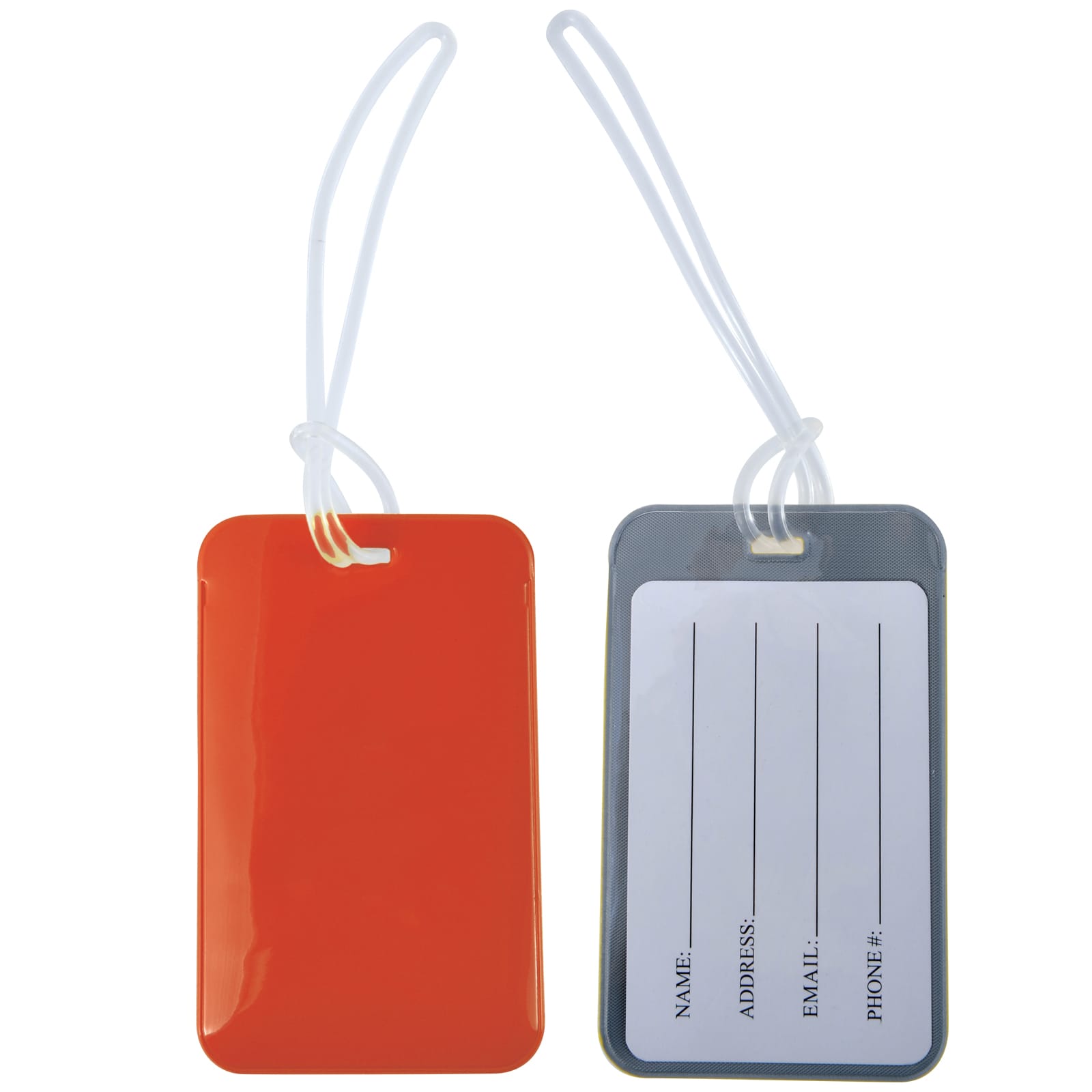 An orange luggage tag with a clear strap, featuring a grey reverse side for personal information.
