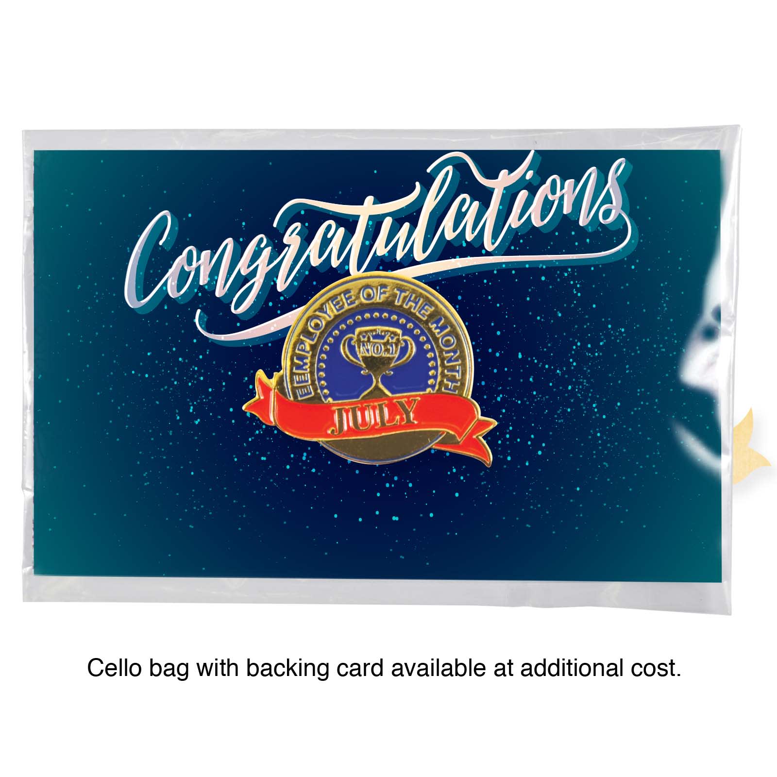 A die struck soft enamel badge in gold, placed on a decorative blue background with a 