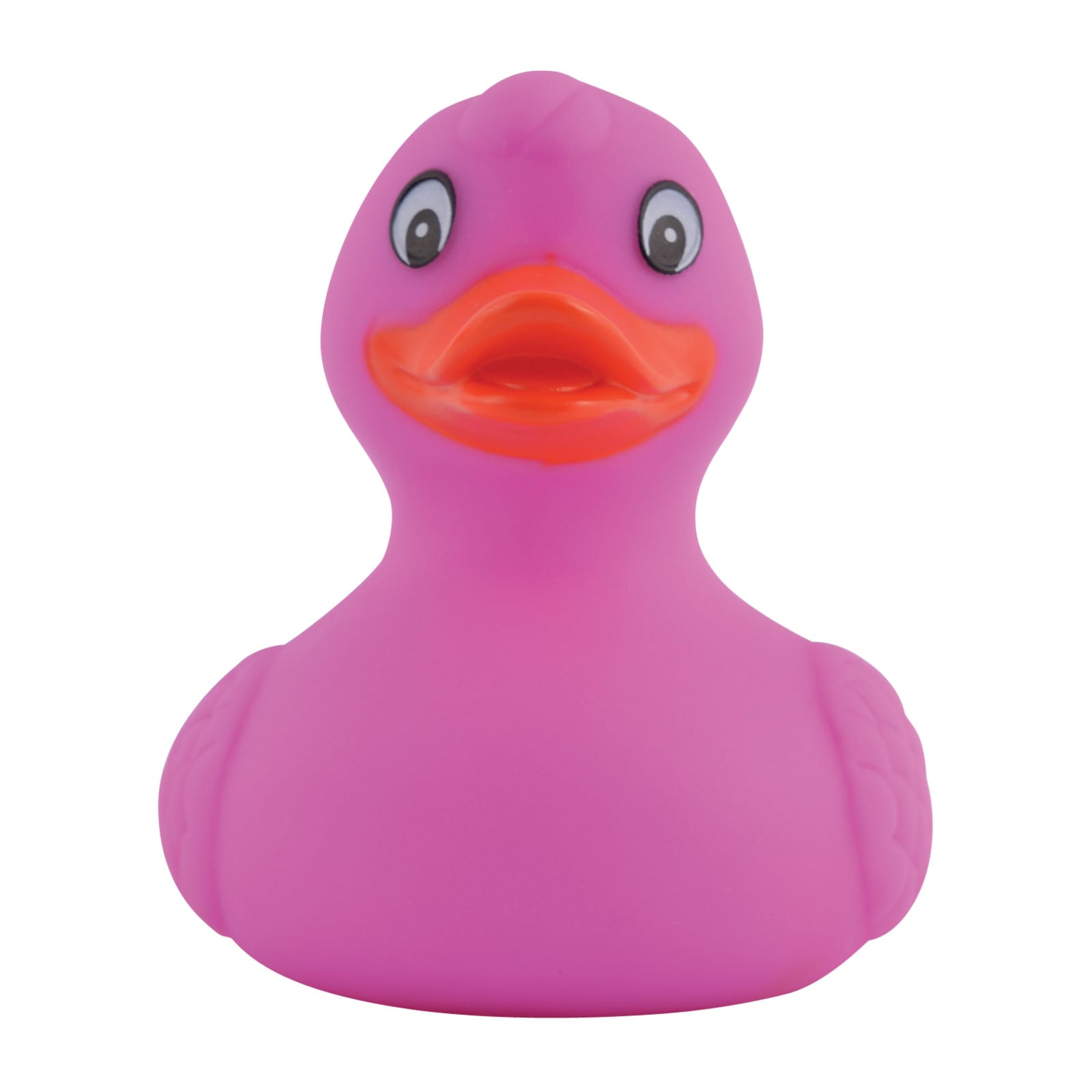 A pink PVC bath duck with a smiling facial expression and orange beak, designed for play and decoration.