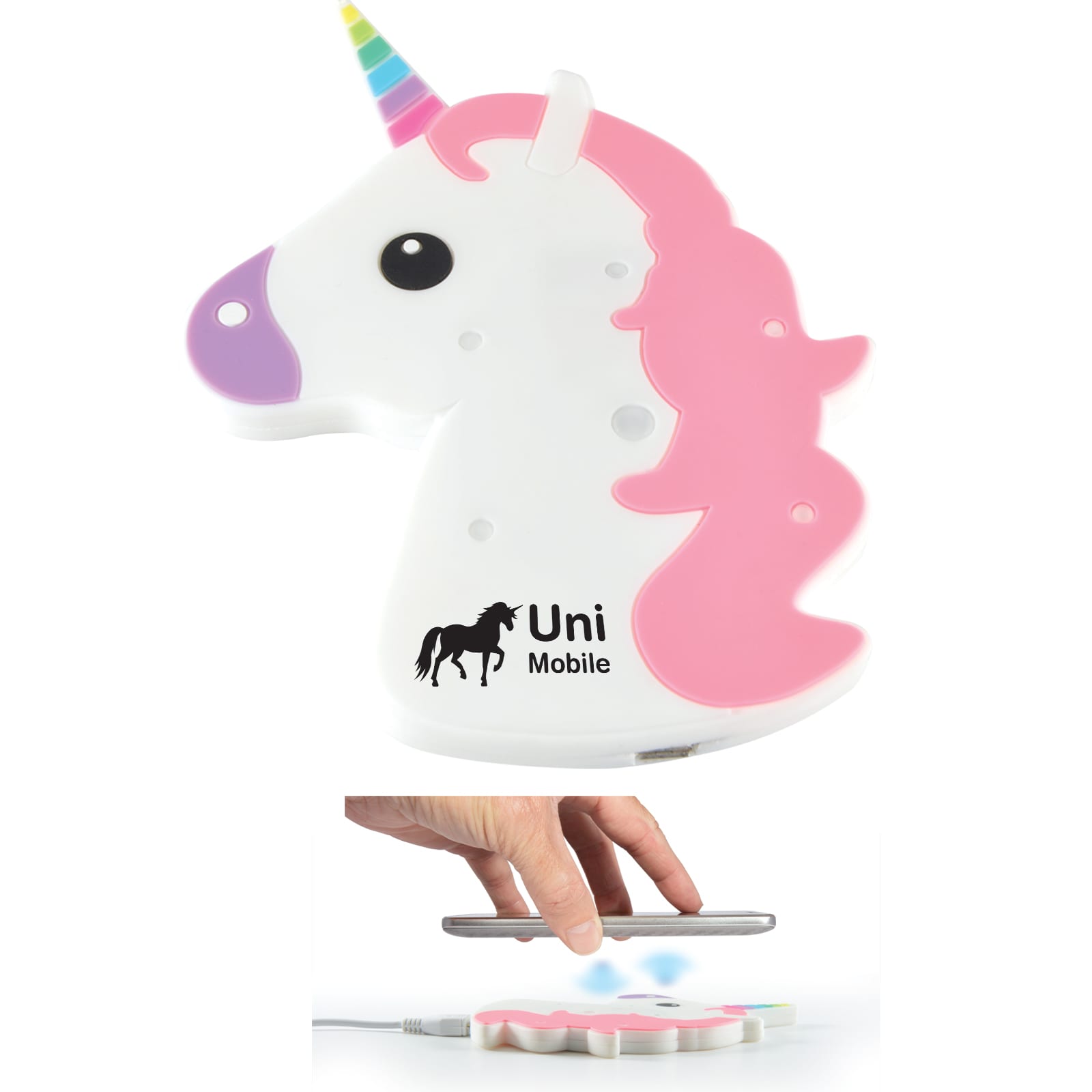 A unicorn-shaped custom wireless charger with a pink mane and colorful horn, featuring the text 