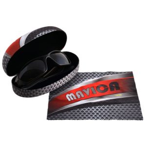 A black and red hard sunglasses case with a lens cloth beside it, containing a pair of dark sunglasses.