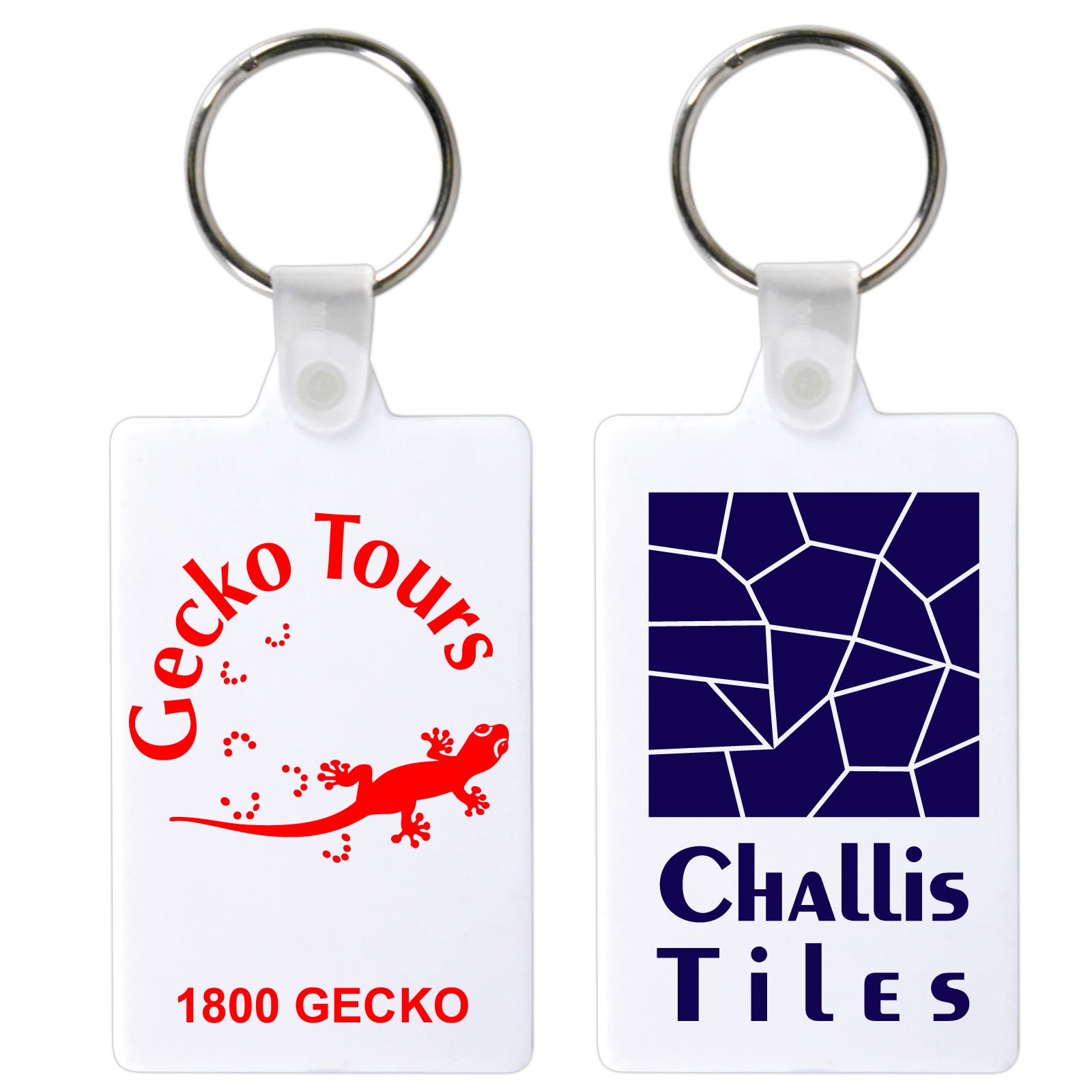 A rectangular keytag featuring a red gecko design on one side and a blue tile design on the other, with metal keyring.
