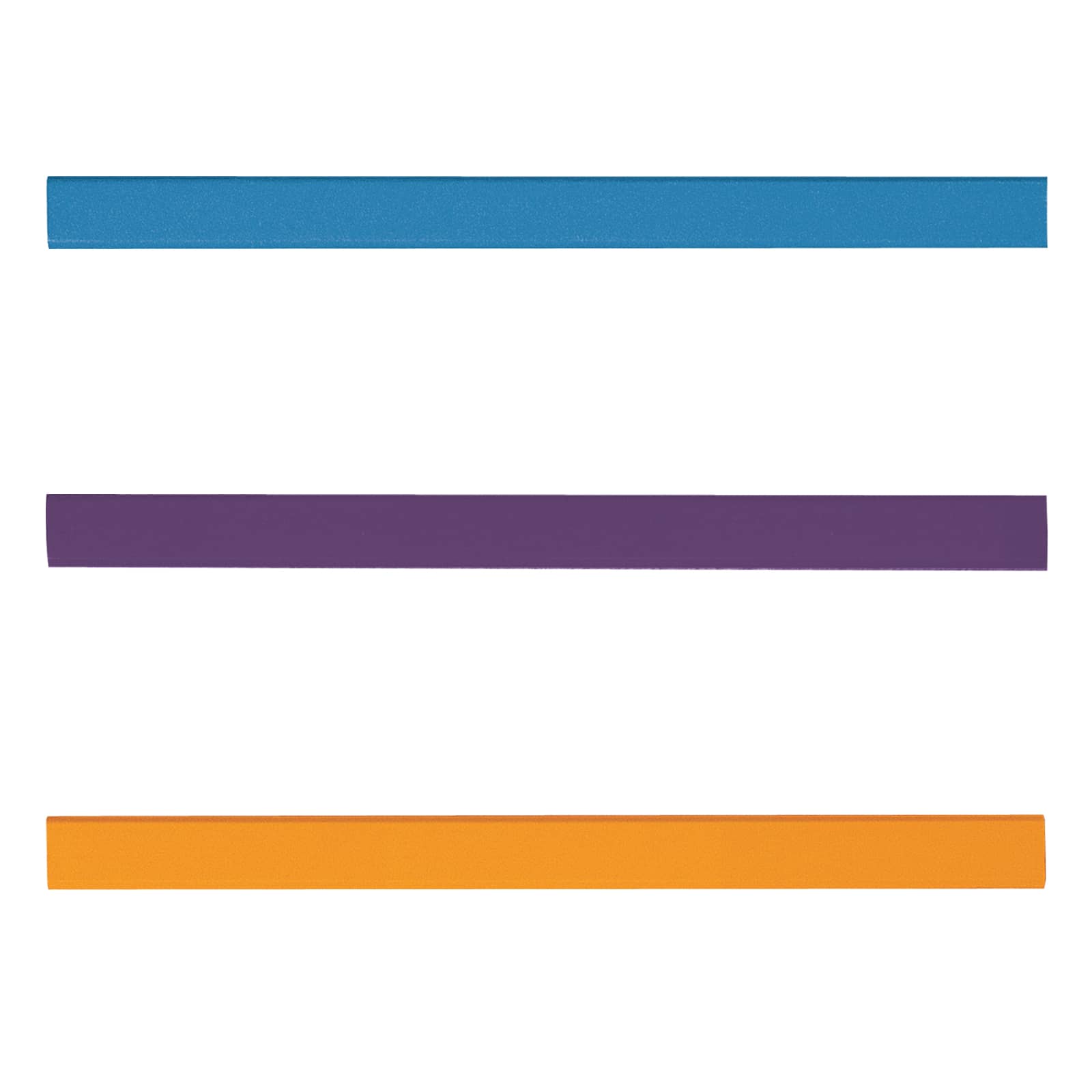 Three straight strips of carpenter pencils in blue, purple, and orange colors. Each pencil has a smooth finish.