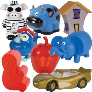 A collection of colorful, whimsical coin banks including a cow, elephant, apple, and a house, among others.