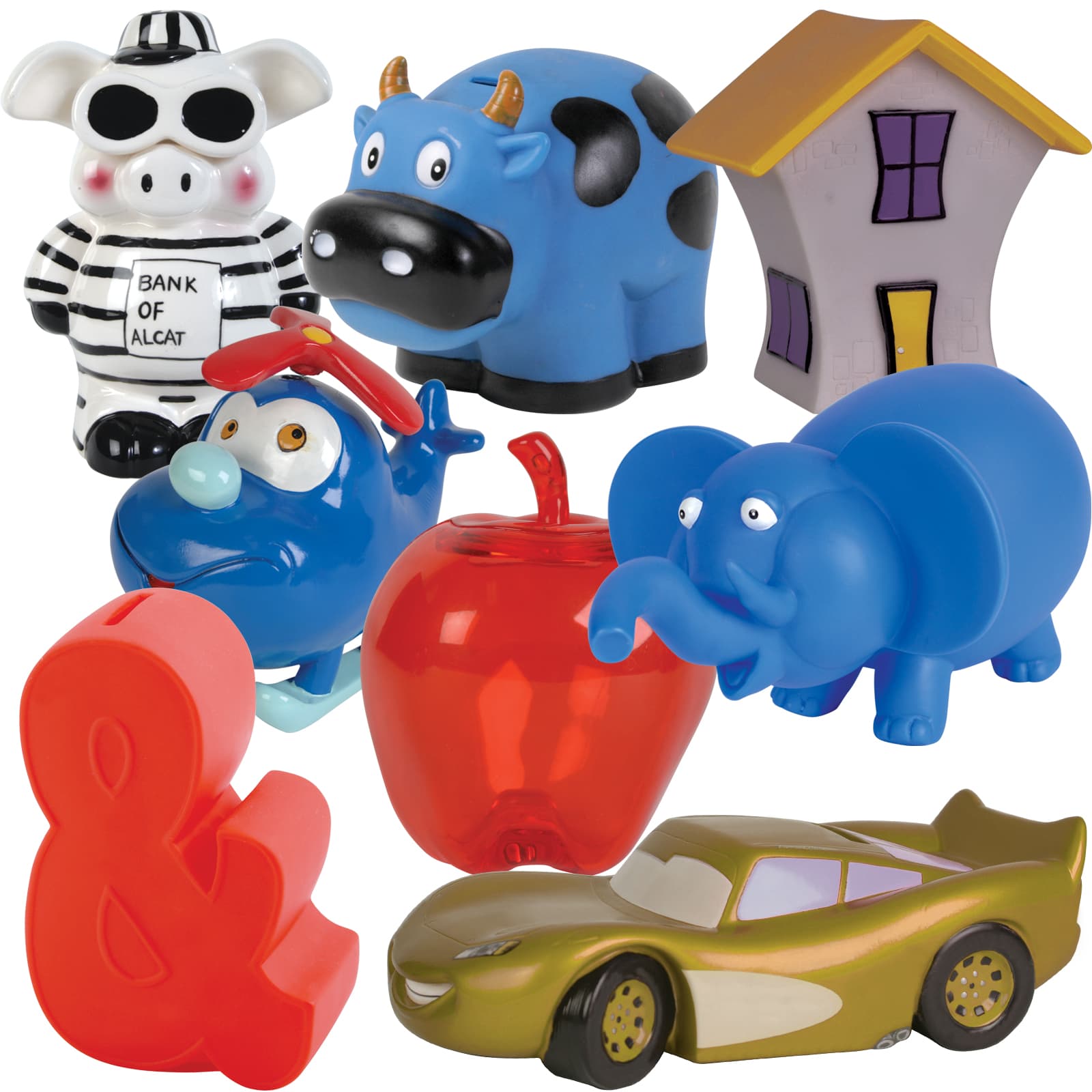 A collection of colorful, whimsical coin banks including a cow, elephant, apple, and a house, among others.
