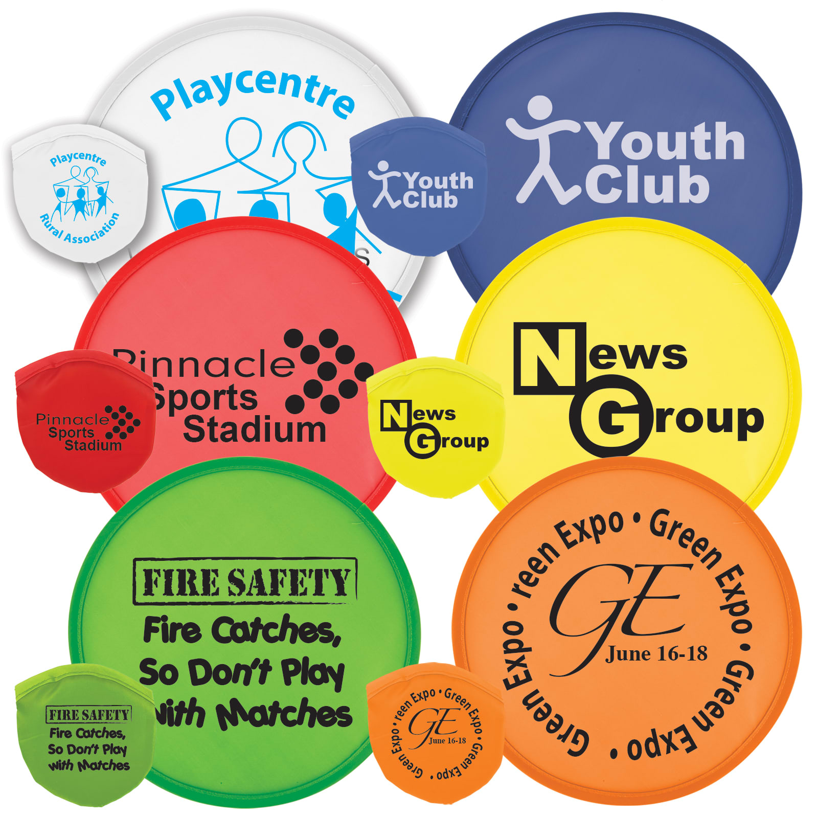 A collection of colorful flying discs in various sizes and designs, featuring multiple logos and branding.