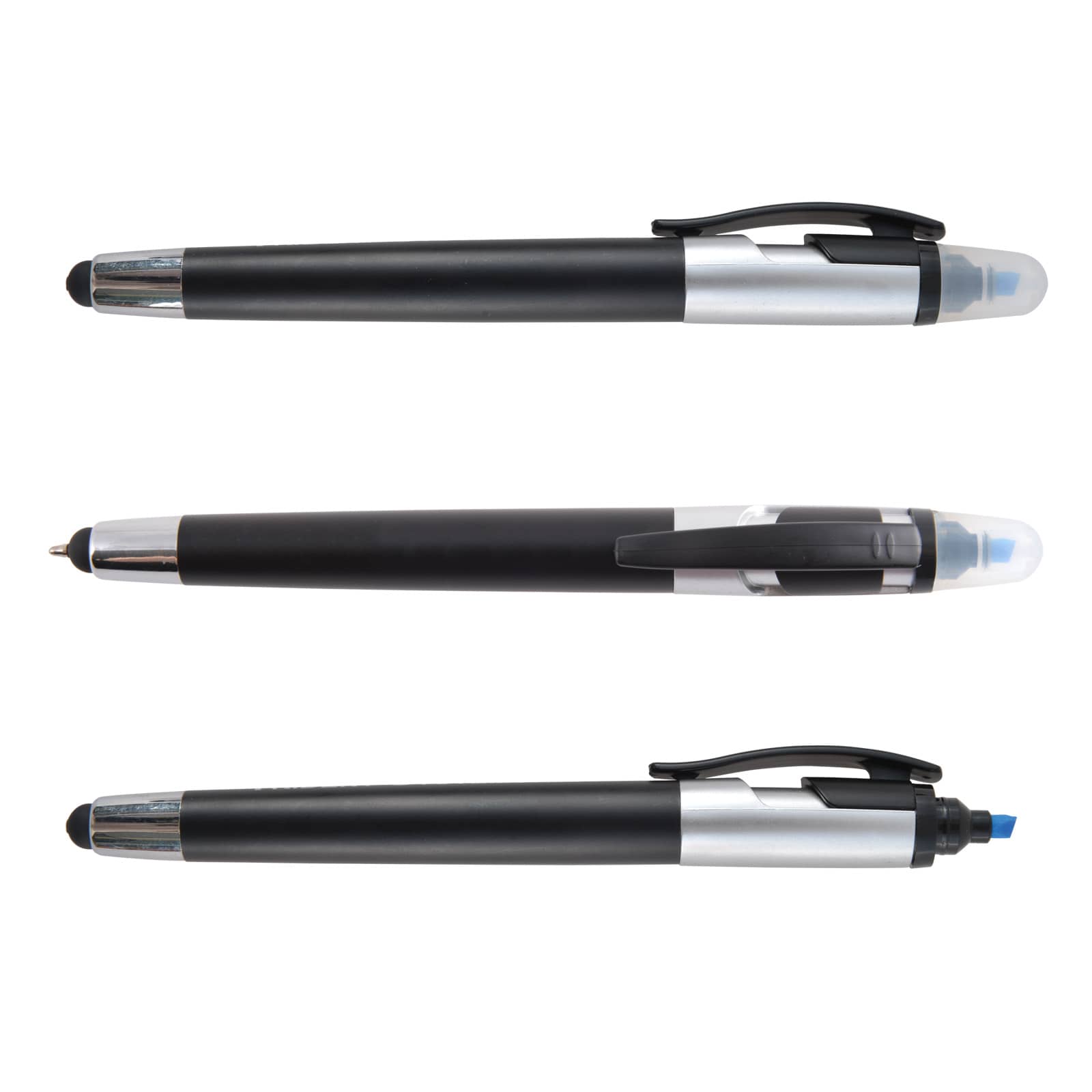 A collection of three black and silver pens, each with a stylus tip and a highlighter at one end.