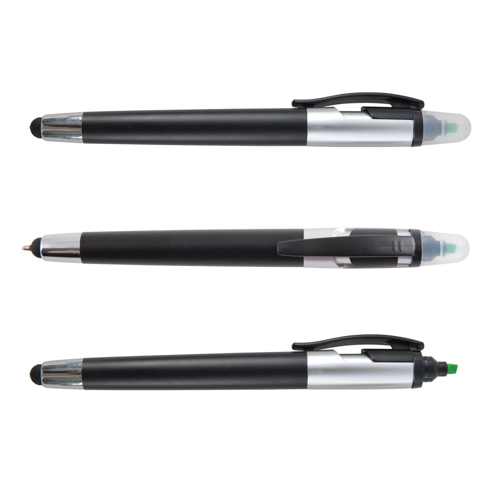 A set of three Trident Pen / Stylus Highlighters in black and silver, featuring different tips for writing and highlighting.