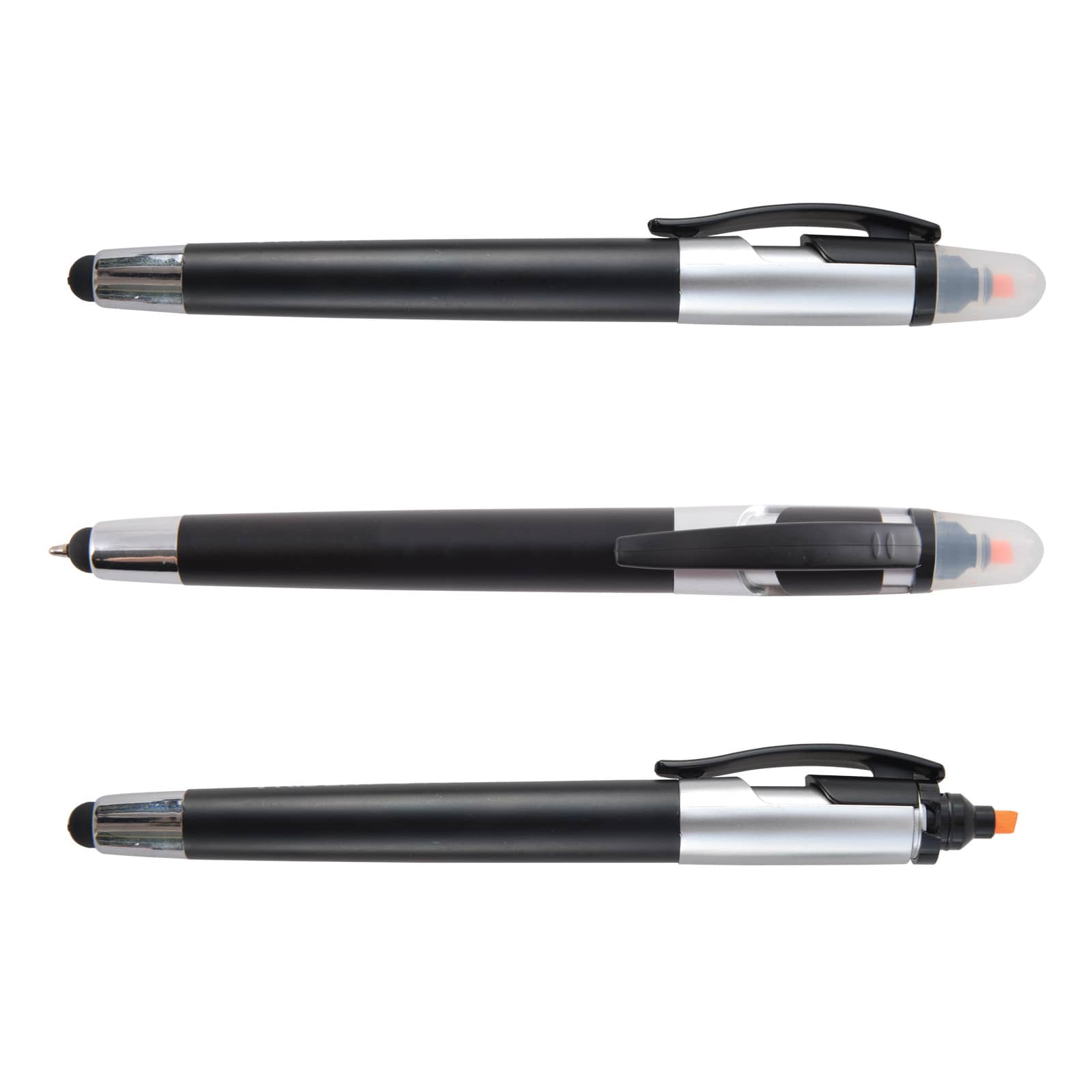 A collection of black stylus pens with silver accents, featuring a highlighter and a removable cap.