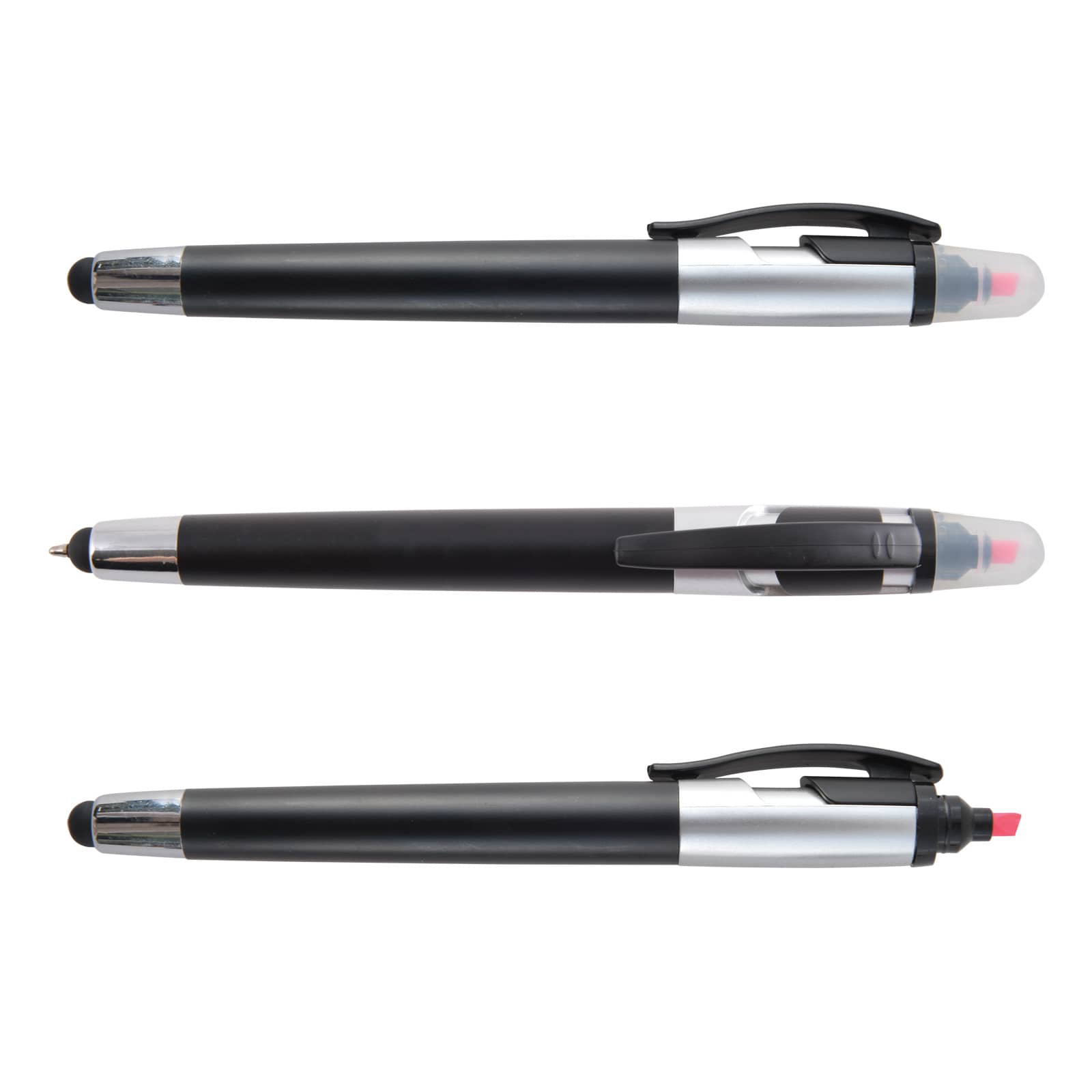 A set of three black stylus pens with silver accents, featuring a highlighter at one end. Each pen has a clip.