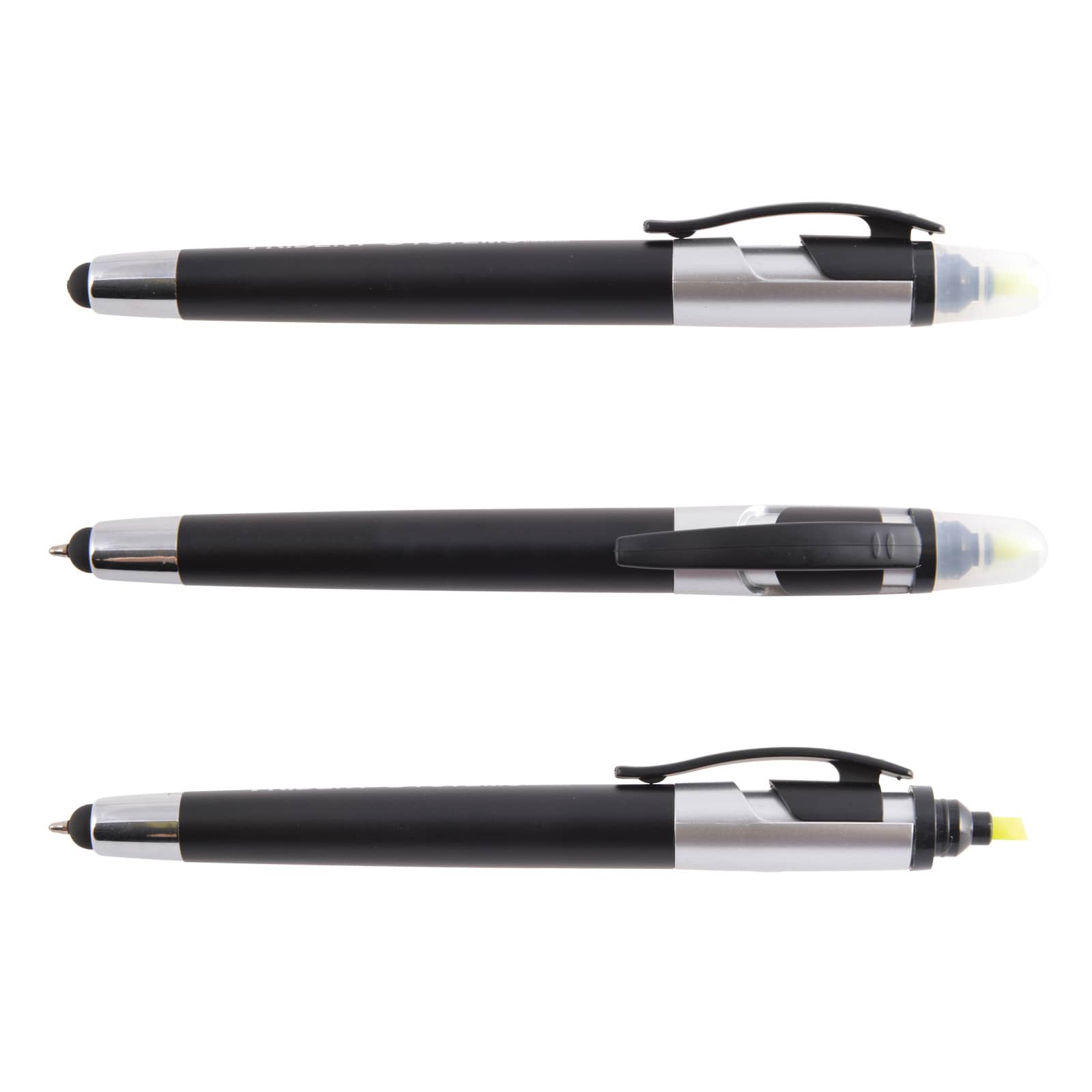 A black stylus pen with a highlighter tip, featuring a silver clip and accents, displayed in three positions.