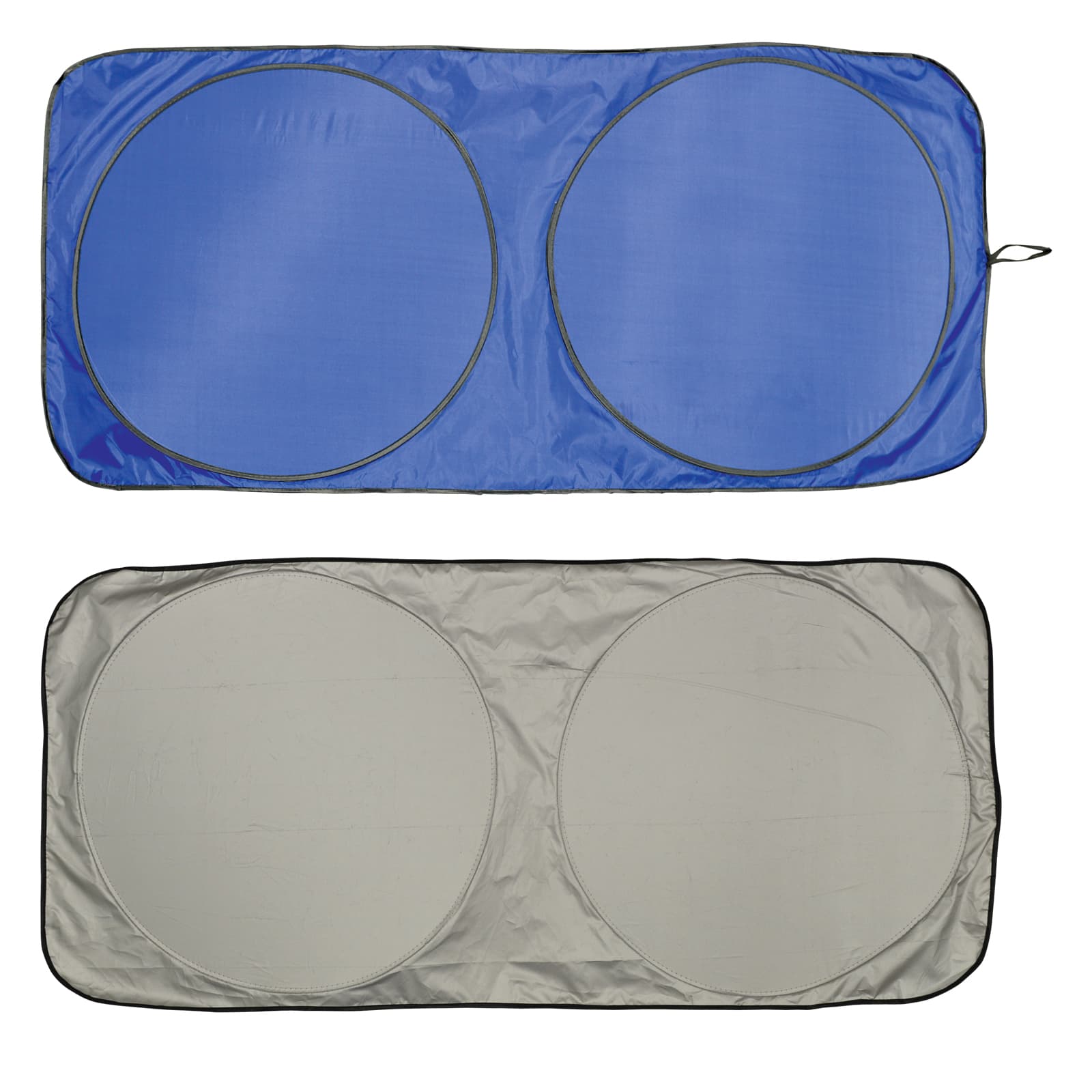 A solar car sun shade featuring two circular sections, one side is blue and the other is silver.