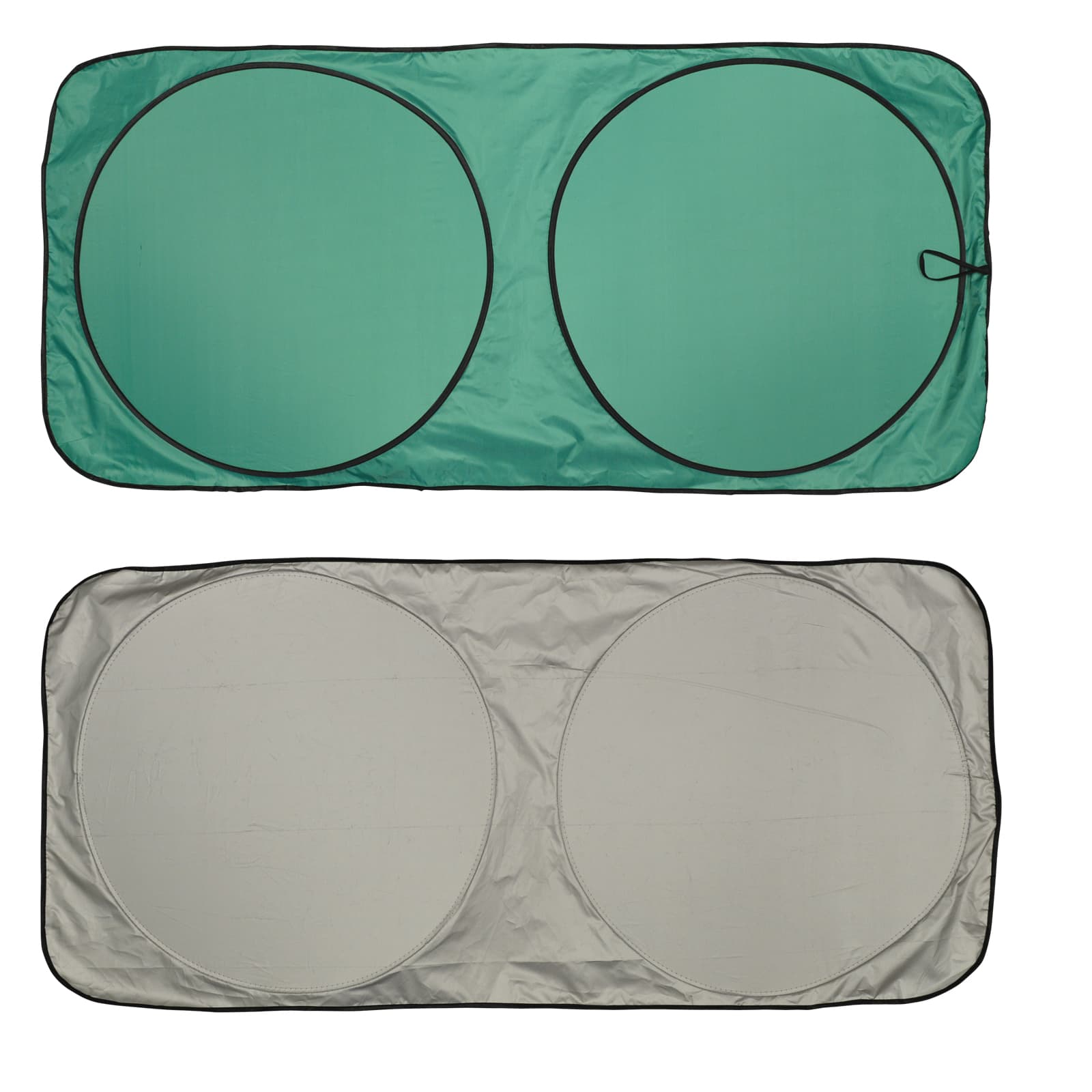 A solar car sun shade with a green exterior and a silver interior, featuring two circular openings.