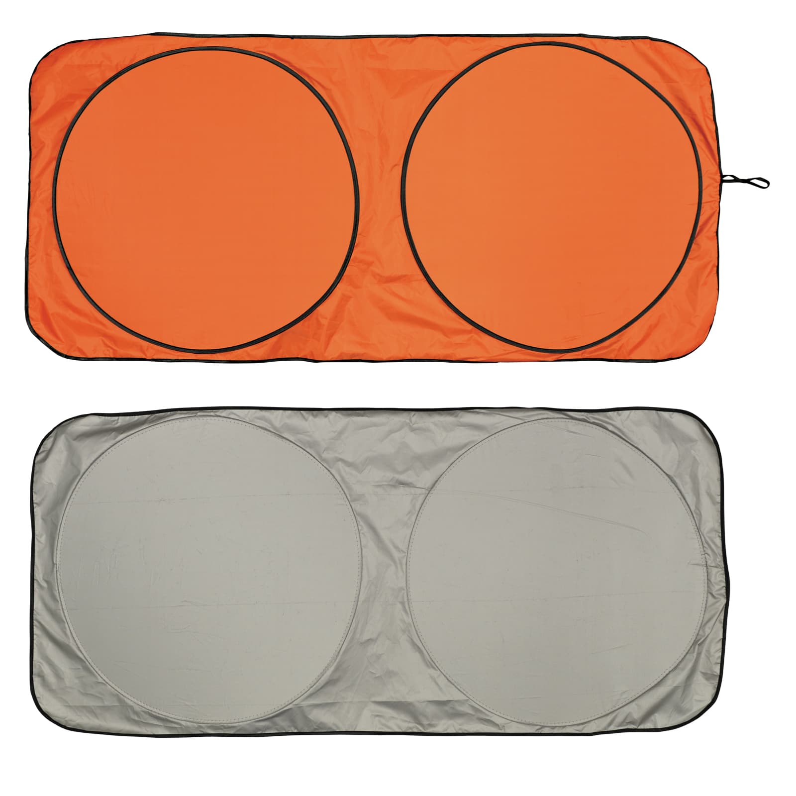 A double circular solar car sun shade in orange and gray, featuring a black trim and a flexible design.