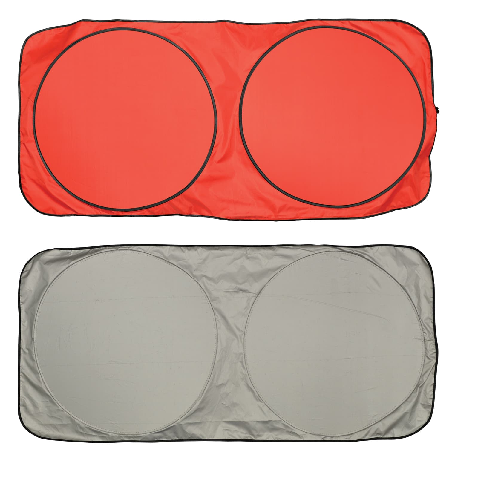 A red and silver solar car sun shade featuring two circular sections, with a black trim.
