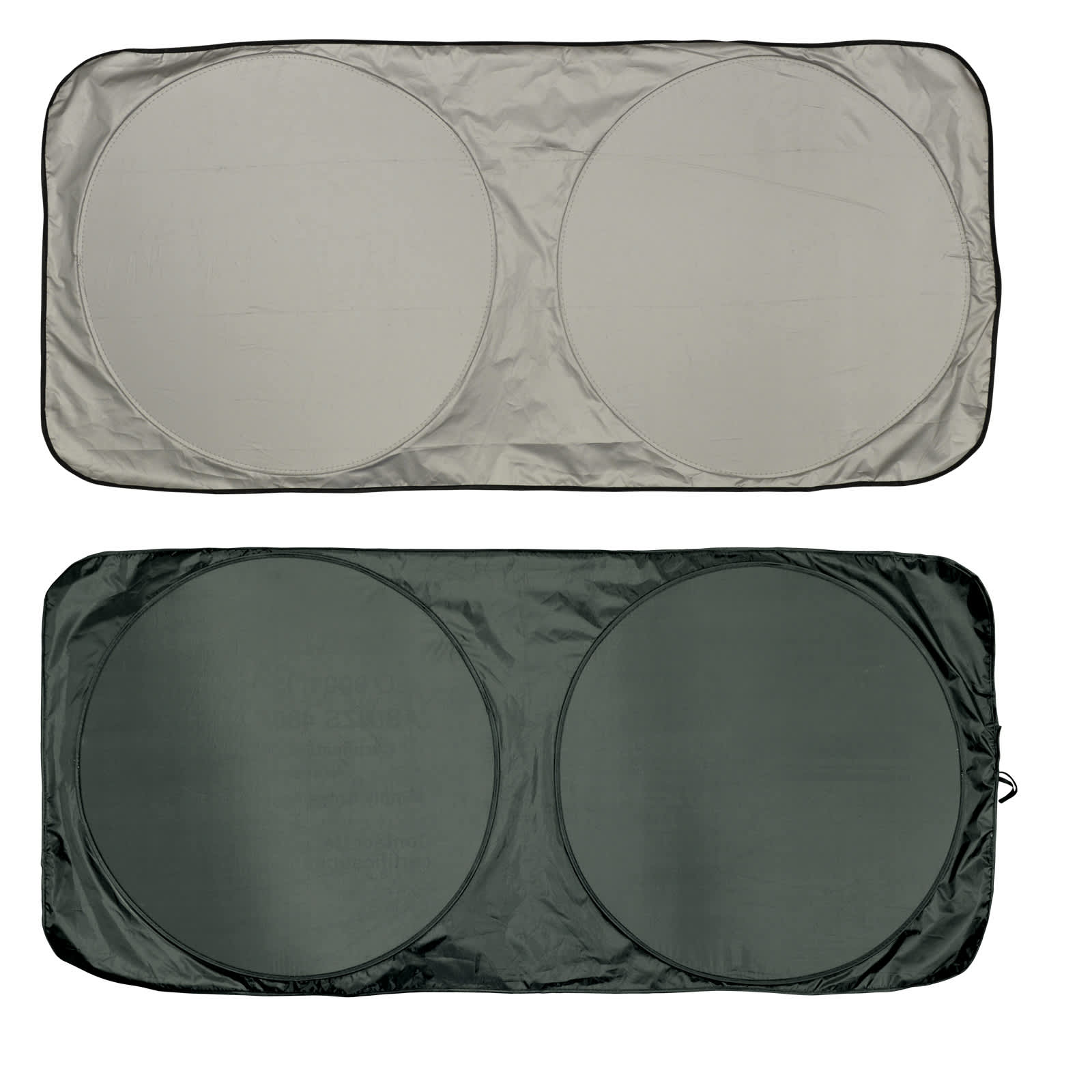 A solar car sun shade featuring two circular sections in gray and dark green with an enclosing border.