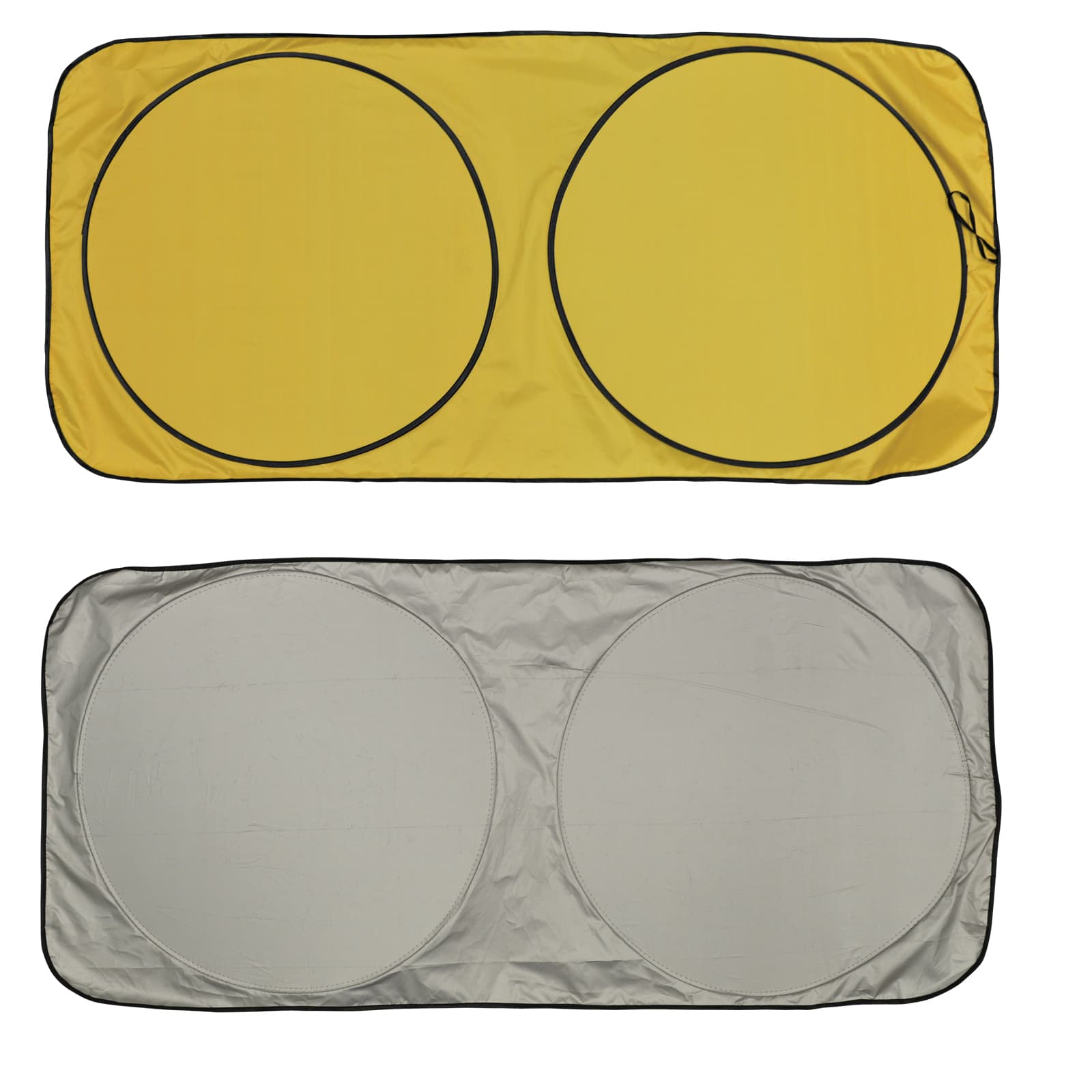 A solar car sun shade featuring a bright yellow side and a reflective silver side, designed with two large circular sections.