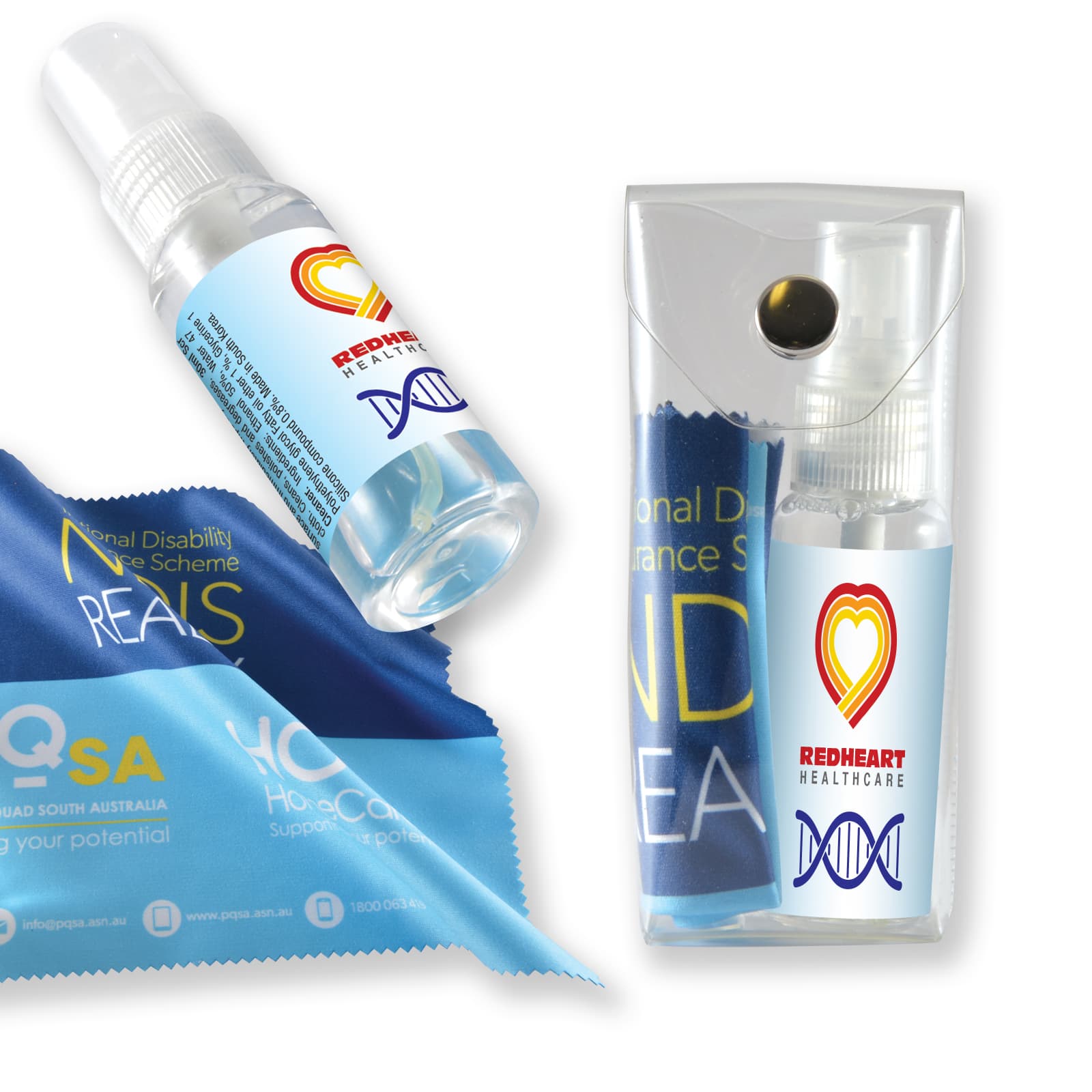 A blue cleaning cloth and a spray bottle in a clear case, featuring a logo and designed for screen cleaning.