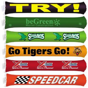 A collection of inflatable bang bang sticks in various colors including green, orange, and red, each featuring different logos and text.