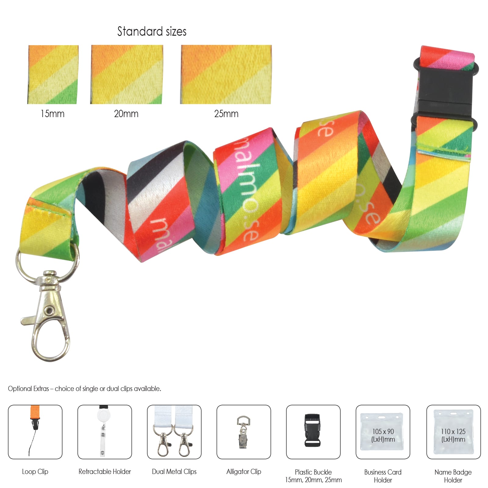 A vibrant, multicolored lanyard with a clip and branding, available in standard sizes.