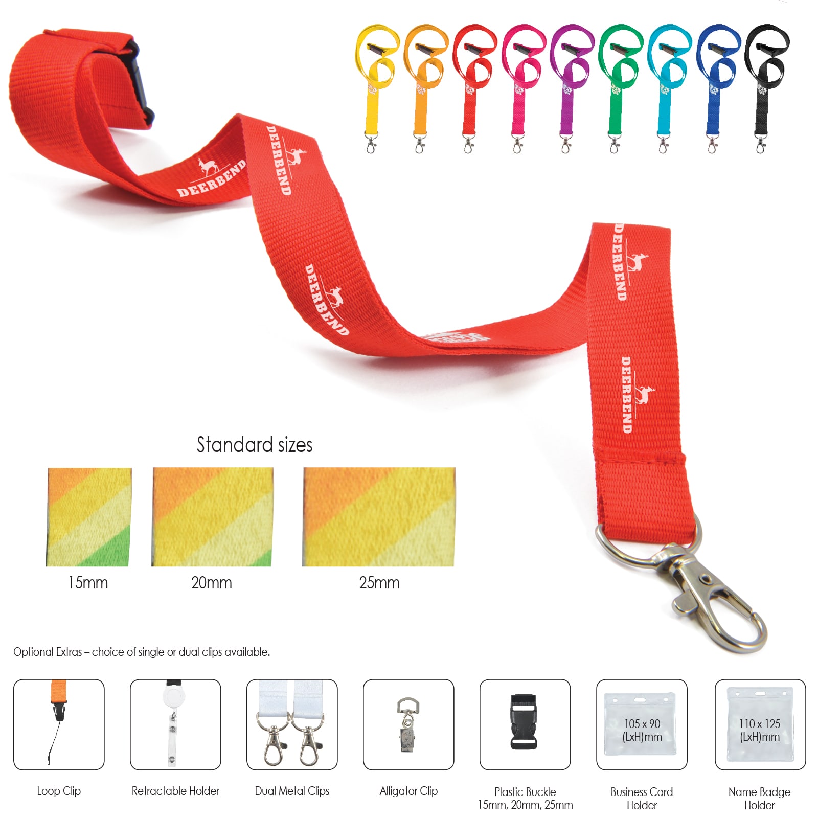 A red woven lanyard with various clip options and a brand logo, displayed alongside color swatches and attachment types.