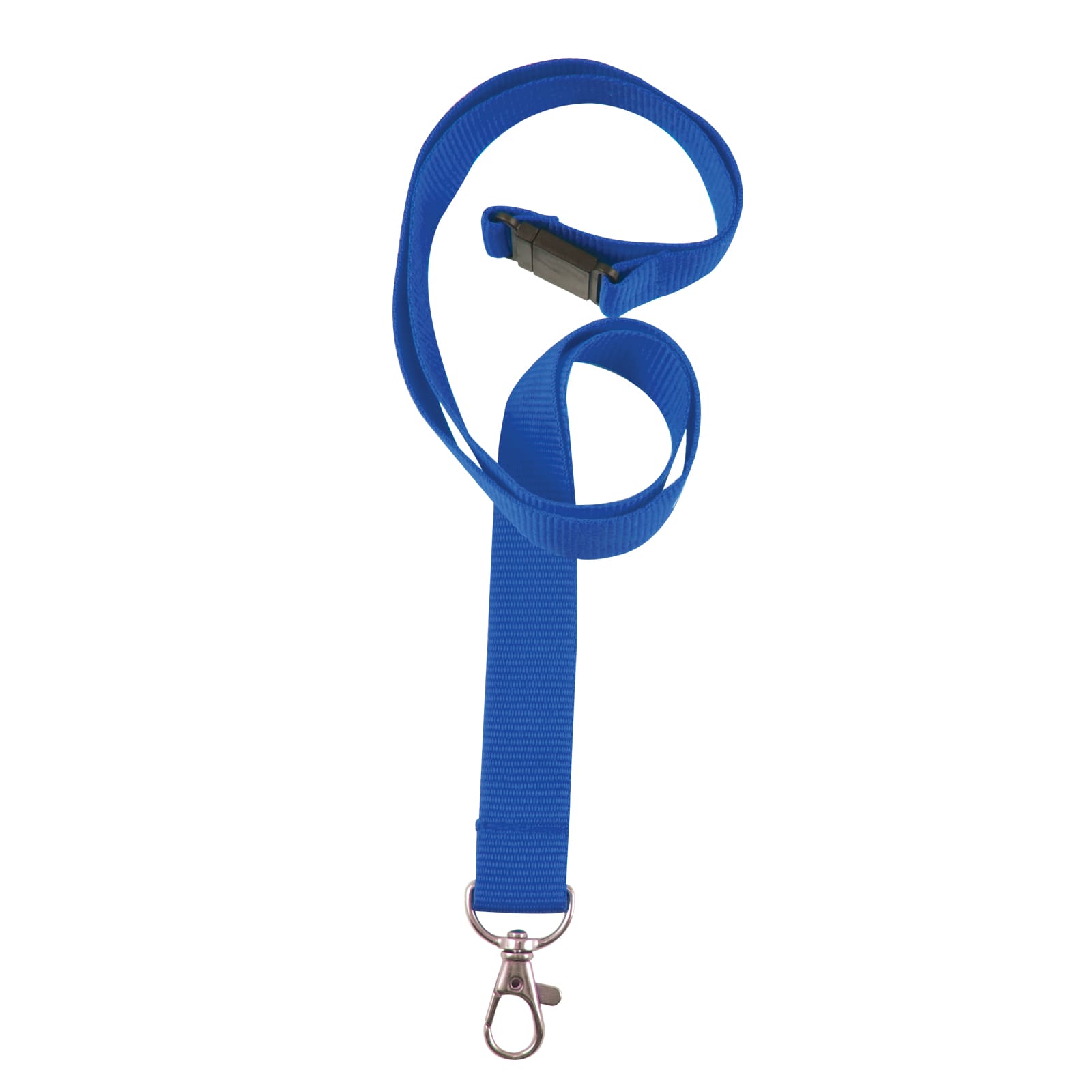 A blue woven lanyard with a metal clip and a breakaway buckle.