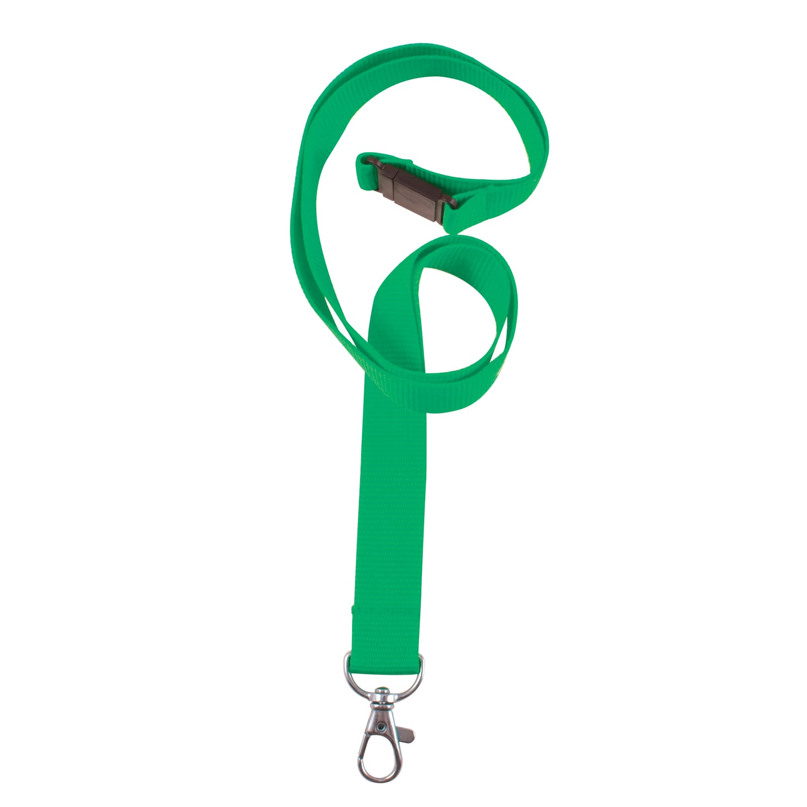A vibrant green woven lanyard with a metal clip and a plastic buckle is displayed.