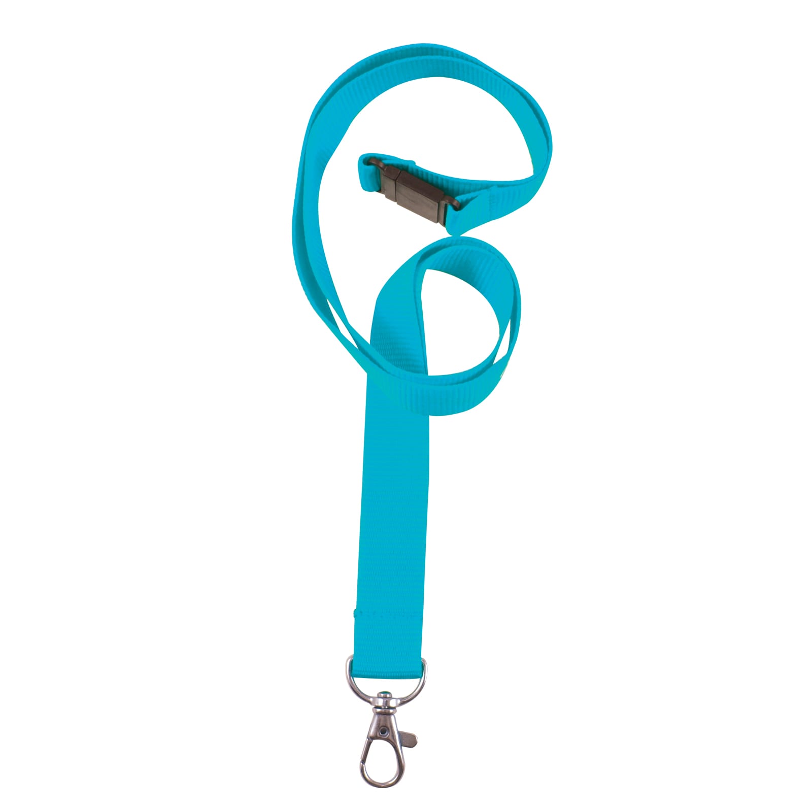 A bright turquoise woven lanyard with a clasp and an adjustable buckle.